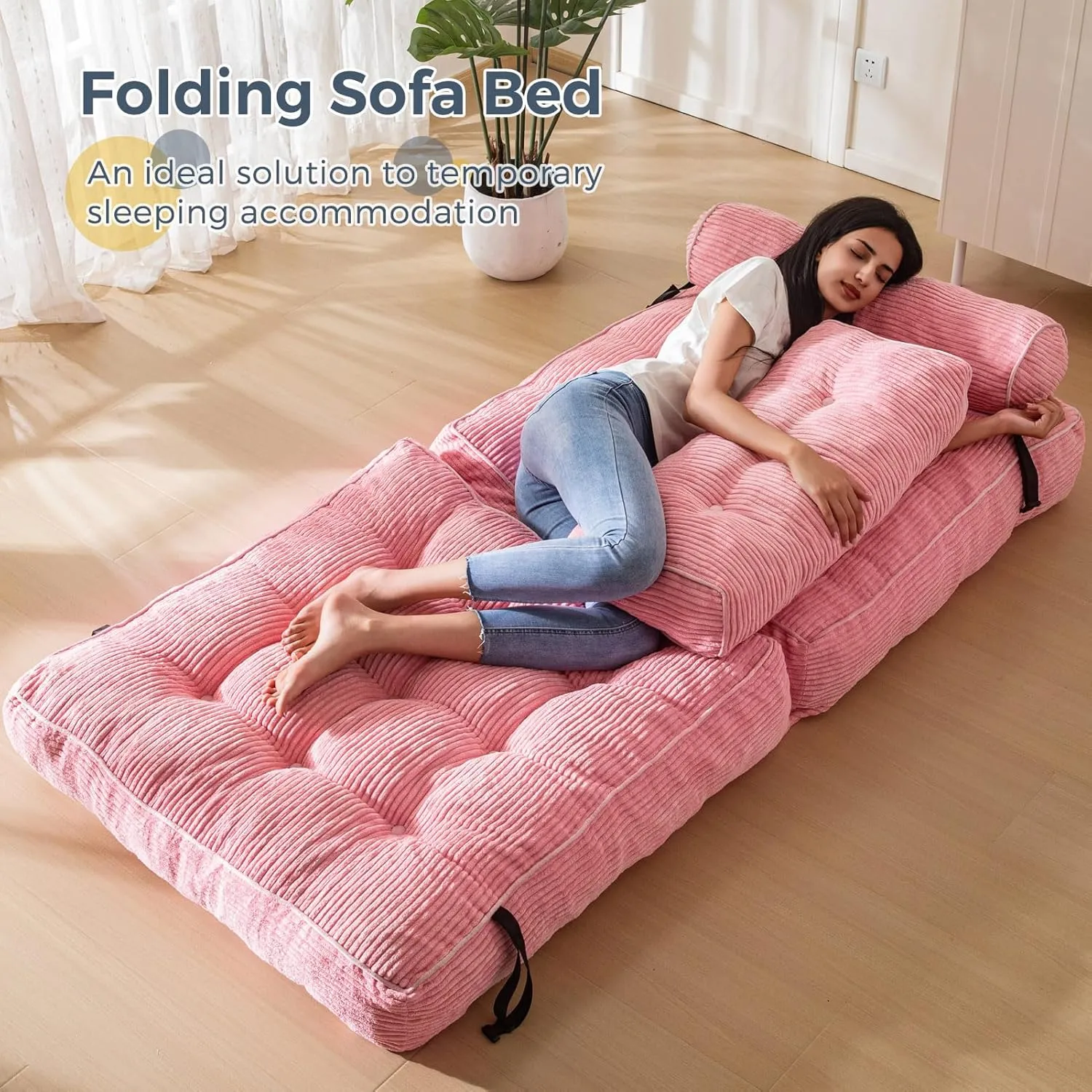MAXYOYO Folding Sofa Bed, Convertible Sleeper Chair with Pillow Foldable Mattress with Back Support, Portable Fold Out Chair Bed Comfy Floor Sofa Lounge for Living Room Bedroom, Pink, Single