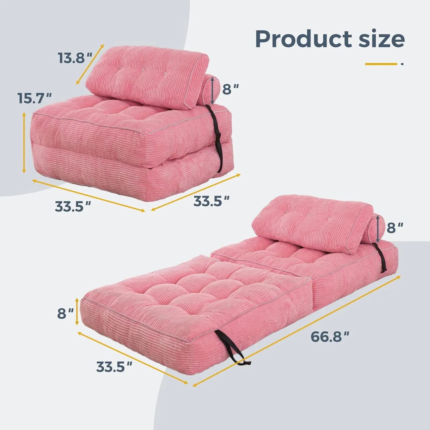 MAXYOYO Folding Sofa Bed, Convertible Sleeper Chair with Pillow Foldable Mattress with Back Support, Portable Fold Out Chair Bed Comfy Floor Sofa Lounge for Living Room Bedroom, Pink, Single