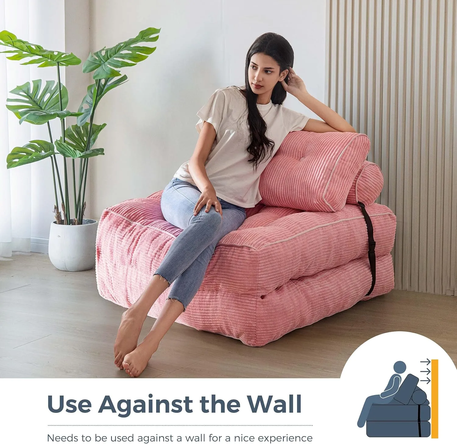 MAXYOYO Folding Sofa Bed, Convertible Sleeper Chair with Pillow Foldable Mattress with Back Support, Portable Fold Out Chair Bed Comfy Floor Sofa Lounge for Living Room Bedroom, Pink, Single