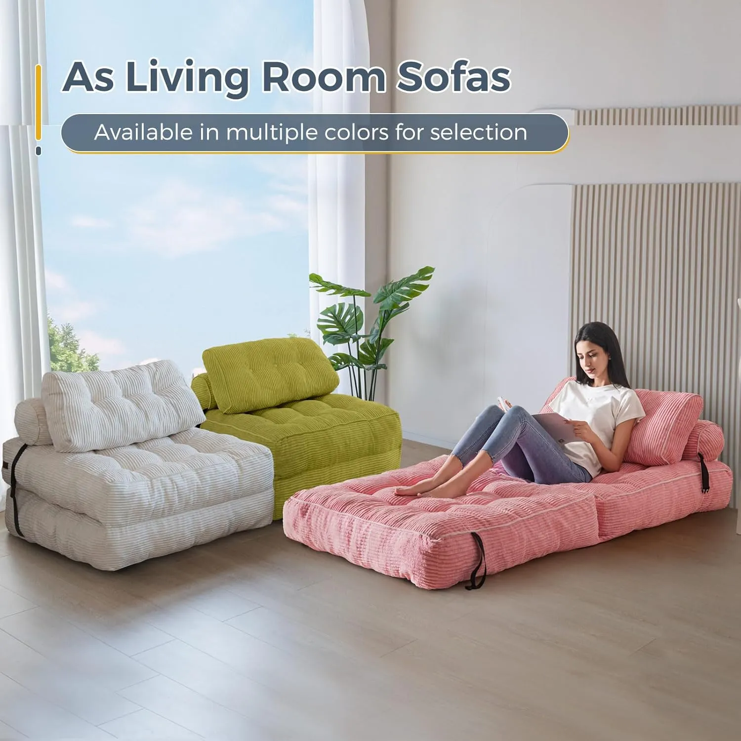 MAXYOYO Folding Sofa Bed, Convertible Sleeper Chair with Pillow Foldable Mattress with Back Support, Portable Fold Out Chair Bed Comfy Floor Sofa Lounge for Living Room Bedroom, Pink, Single