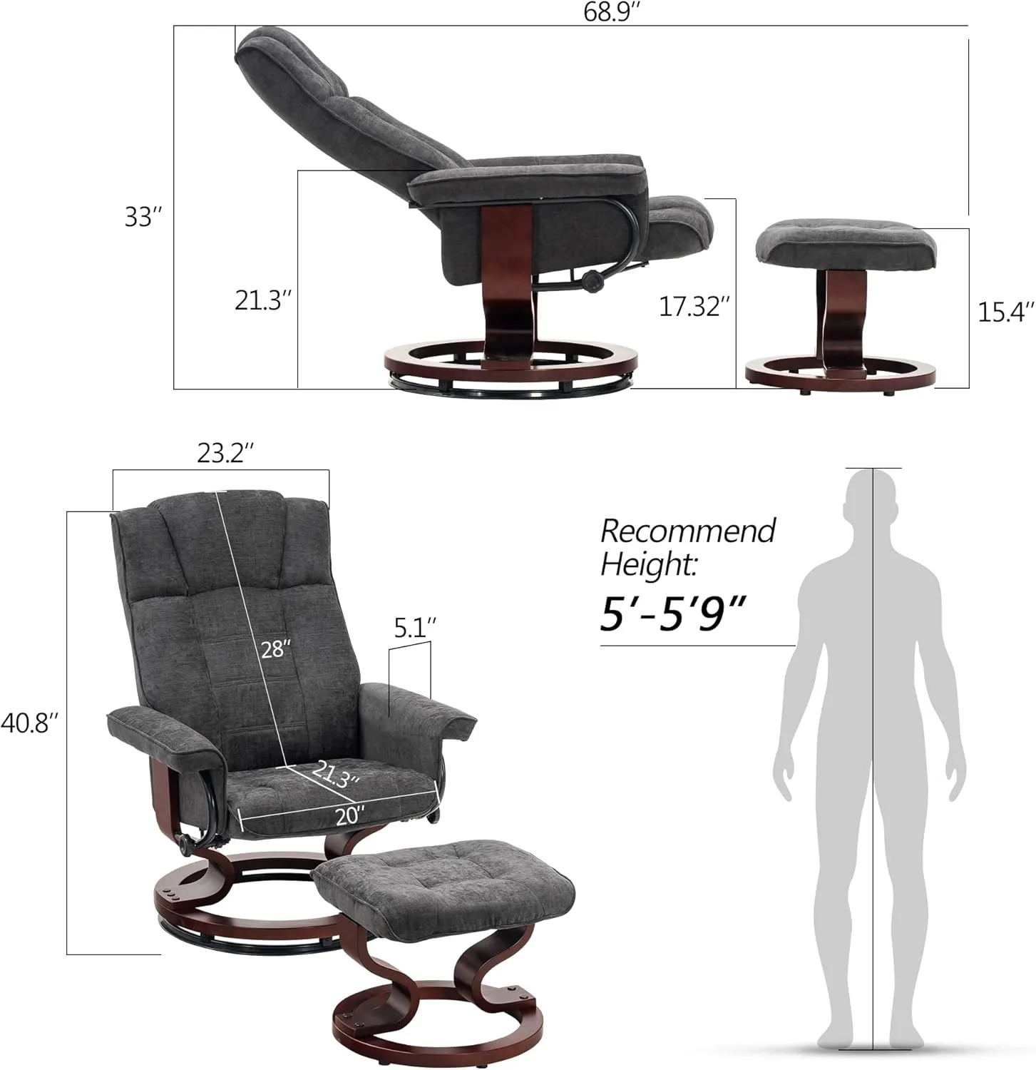 MCombo Manual Swivel Recliner with Ottoman, Chair Ottoman Set for RV Small Spaces, Living Room, Bedroom, Office 4919 (Textile, Grey)