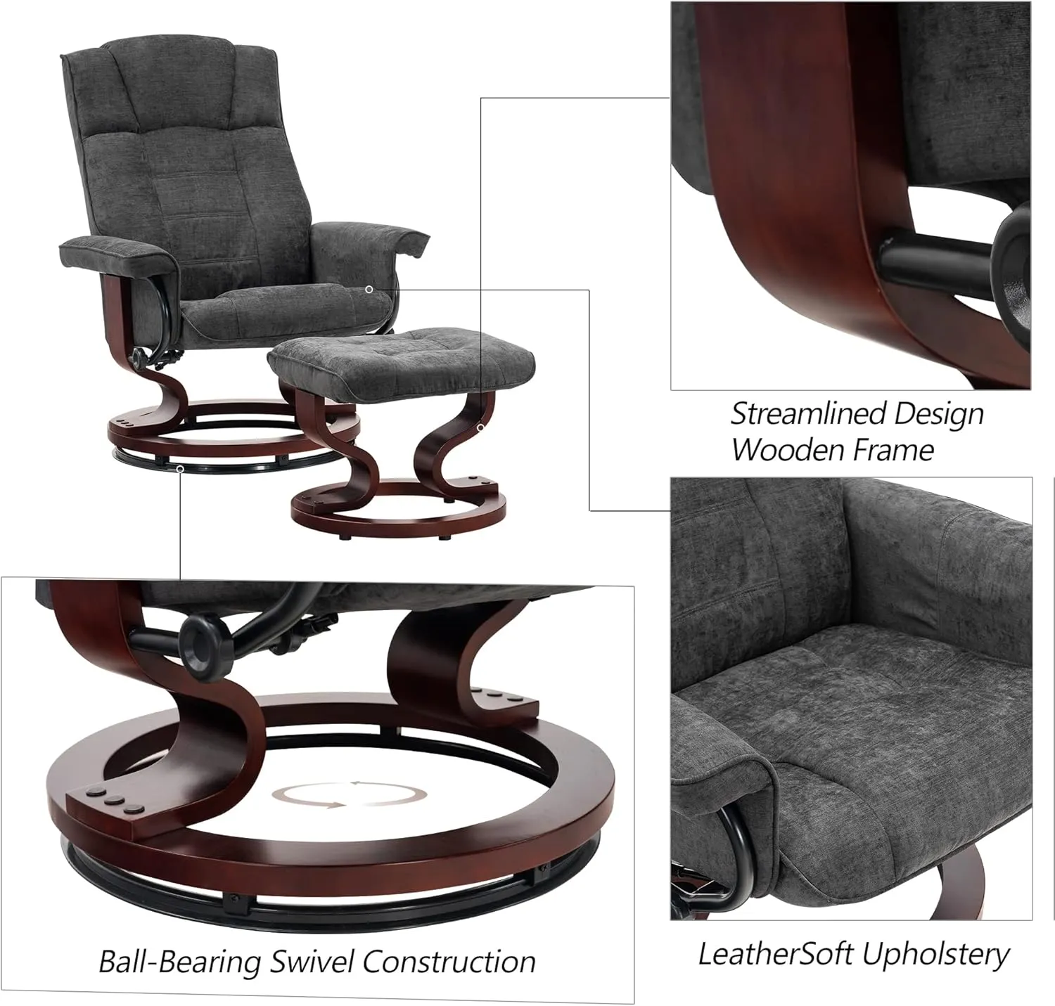 MCombo Manual Swivel Recliner with Ottoman, Chair Ottoman Set for RV Small Spaces, Living Room, Bedroom, Office 4919 (Textile, Grey)