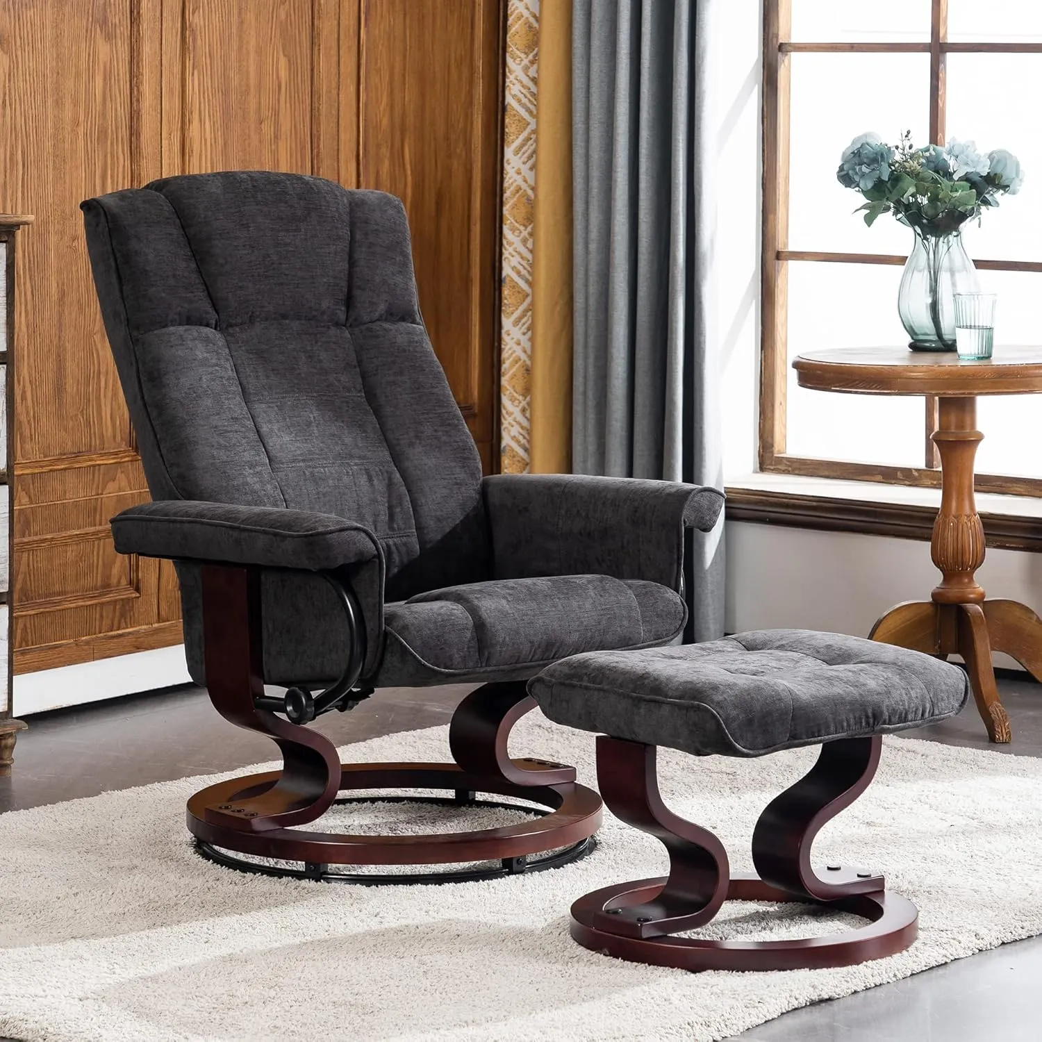 MCombo Manual Swivel Recliner with Ottoman, Chair Ottoman Set for RV Small Spaces, Living Room, Bedroom, Office 4919 (Textile, Grey)
