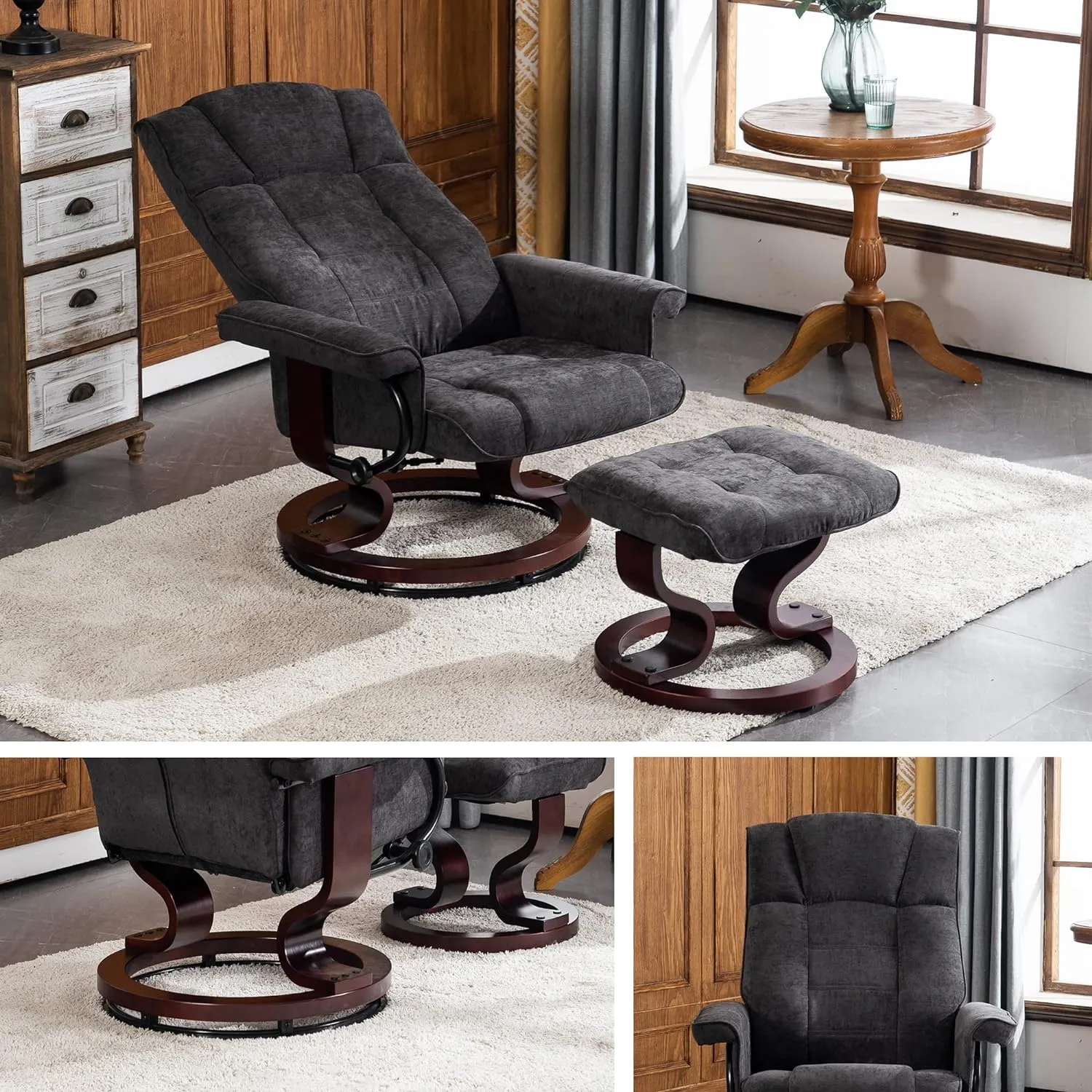 MCombo Manual Swivel Recliner with Ottoman, Chair Ottoman Set for RV Small Spaces, Living Room, Bedroom, Office 4919 (Textile, Grey)