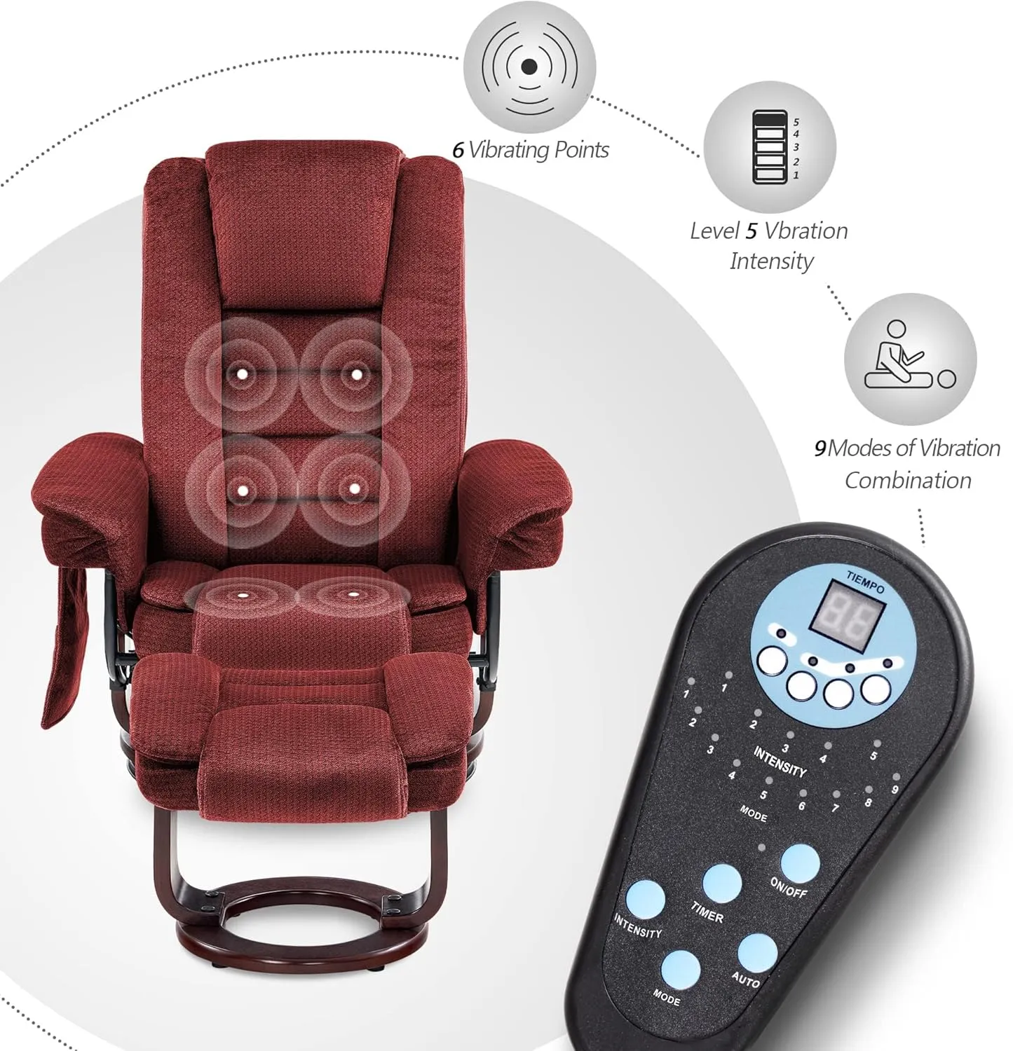 MCombo Swivel Recliner with Ottoman Chair, TV Chair Sets with Vibration Massage, for Small Space Living Room Bedroom 9099 (Textile, Burgundy)