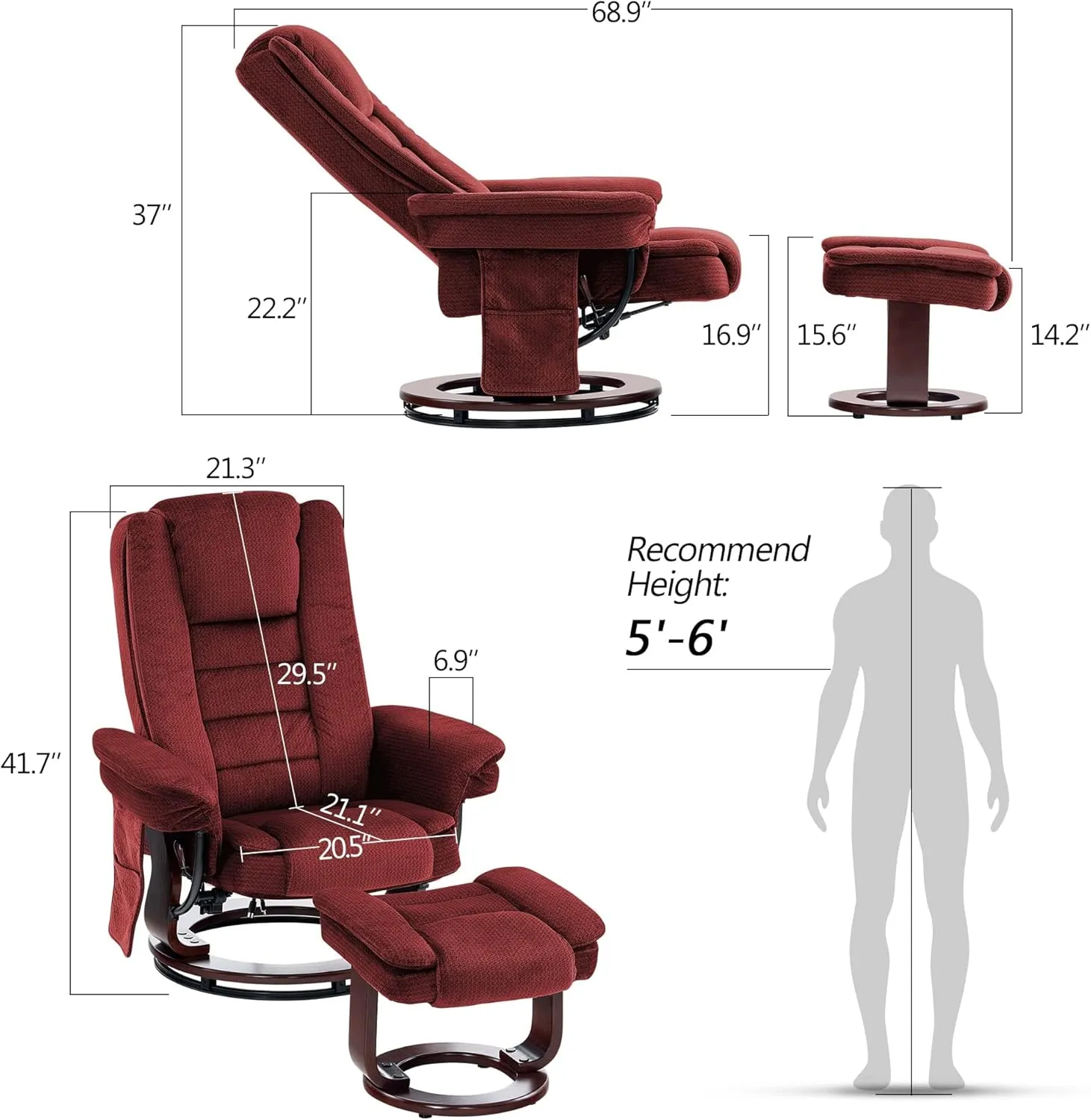 MCombo Swivel Recliner with Ottoman Chair, TV Chair Sets with Vibration Massage, for Small Space Living Room Bedroom 9099 (Textile, Burgundy)