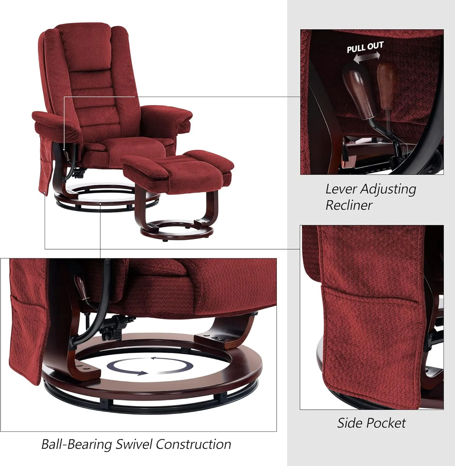 MCombo Swivel Recliner with Ottoman Chair, TV Chair Sets with Vibration Massage, for Small Space Living Room Bedroom 9099 (Textile, Burgundy)