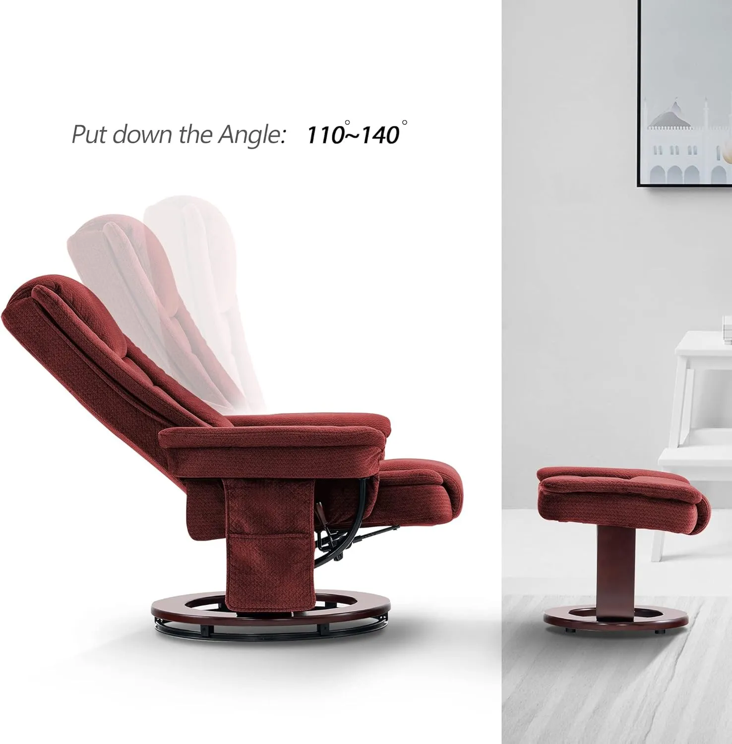 MCombo Swivel Recliner with Ottoman Chair, TV Chair Sets with Vibration Massage, for Small Space Living Room Bedroom 9099 (Textile, Burgundy)