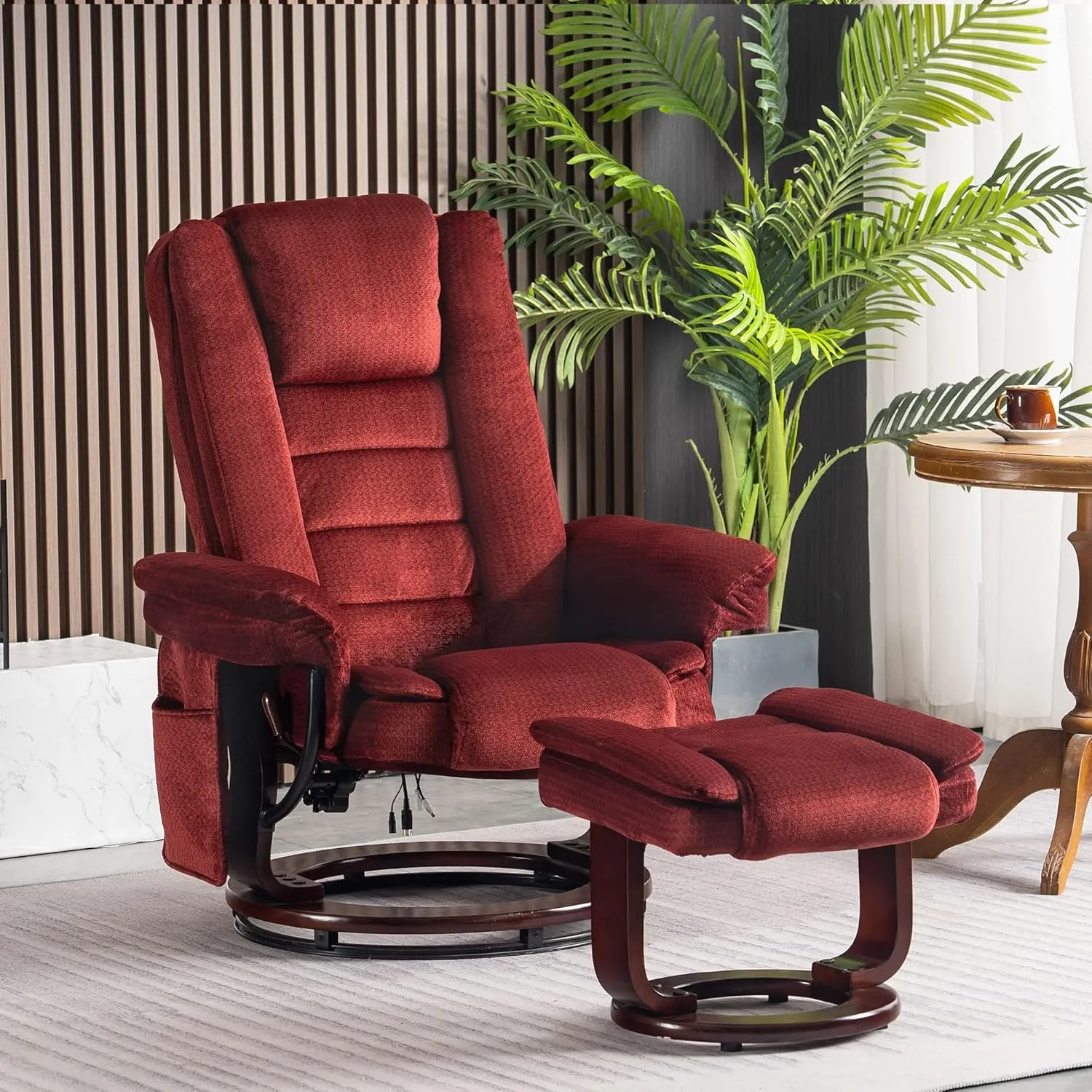 MCombo Swivel Recliner with Ottoman Chair, TV Chair Sets with Vibration Massage, for Small Space Living Room Bedroom 9099 (Textile, Burgundy)