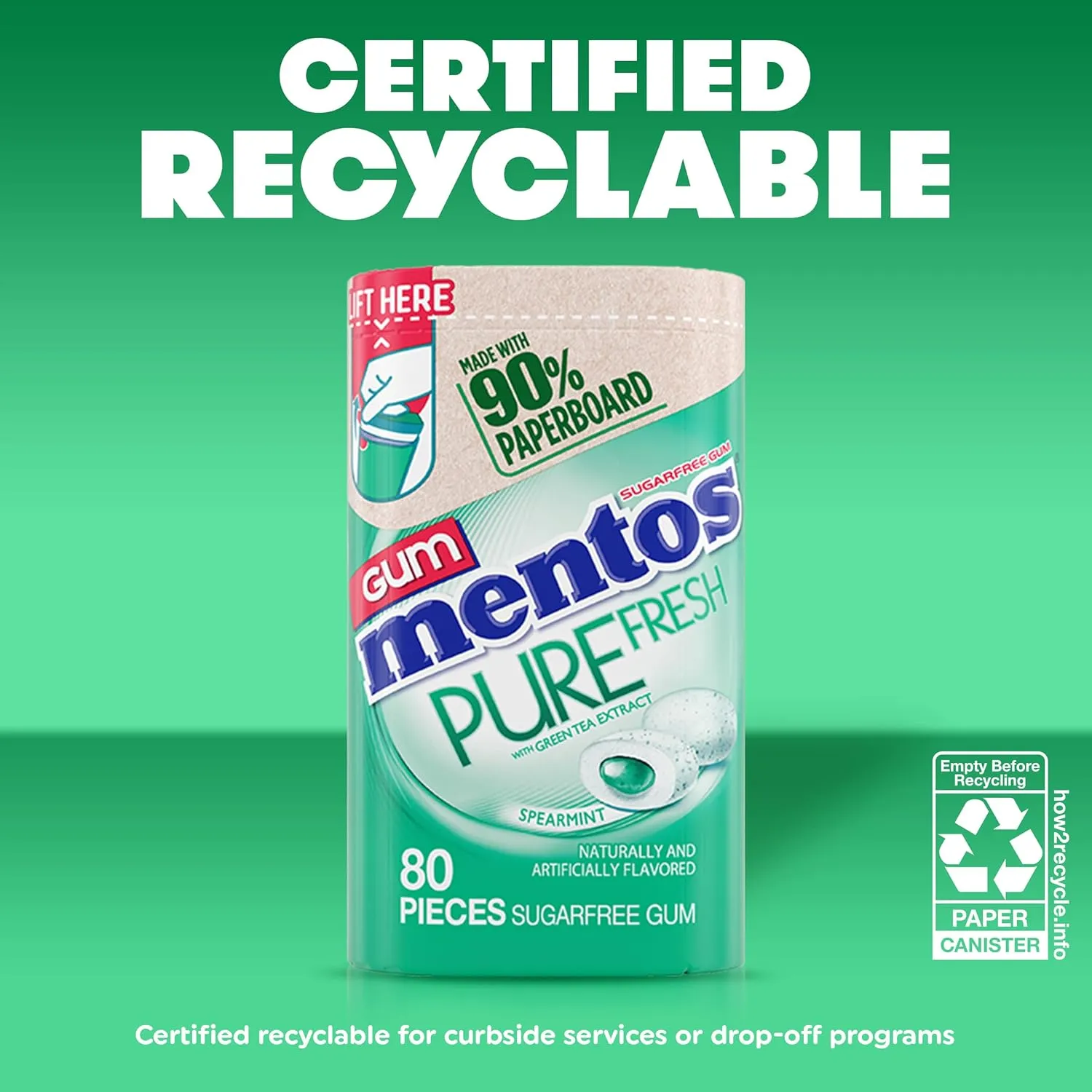 Mentos Pure Fresh Sugar-Free Chewing Gum with Xylitol, Spearmint, in a recyclable 90% Paperboard Bottle, 80 Piece, Pack of 4 Bottles
