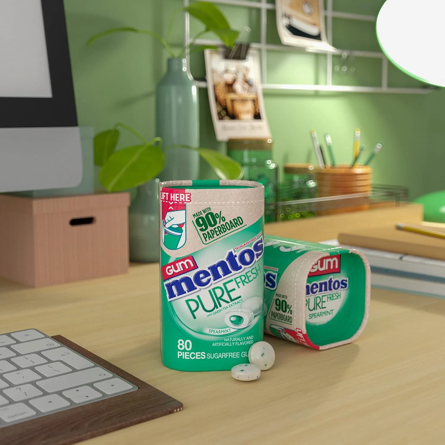 Mentos Pure Fresh Sugar-Free Chewing Gum with Xylitol, Spearmint, in a recyclable 90% Paperboard Bottle, 80 Piece, Pack of 4 Bottles