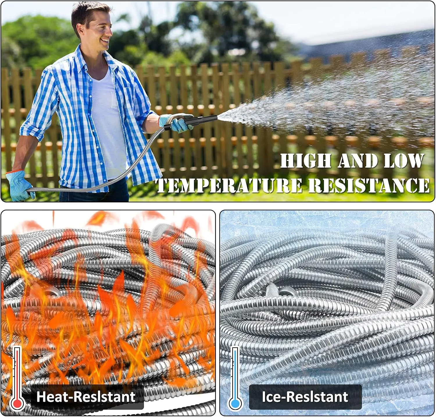 Metal Garden Hose 50ft with Super Tough and Soft Water Hose, Household Stainless Steel Hose, Durable Mighty Garden Hose with Adjustable Nozzle, No Kinks and Tangles, Easy to Store with Storage Strap