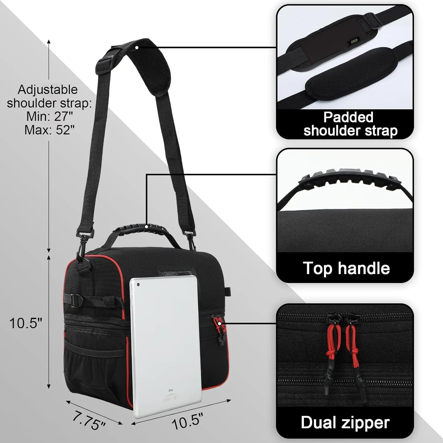 MIER Dual Compartment Lunch Bag Tote with Shoulder Strap for Men and Women Insulated Leakproof Cooler Bag, Black/Red
