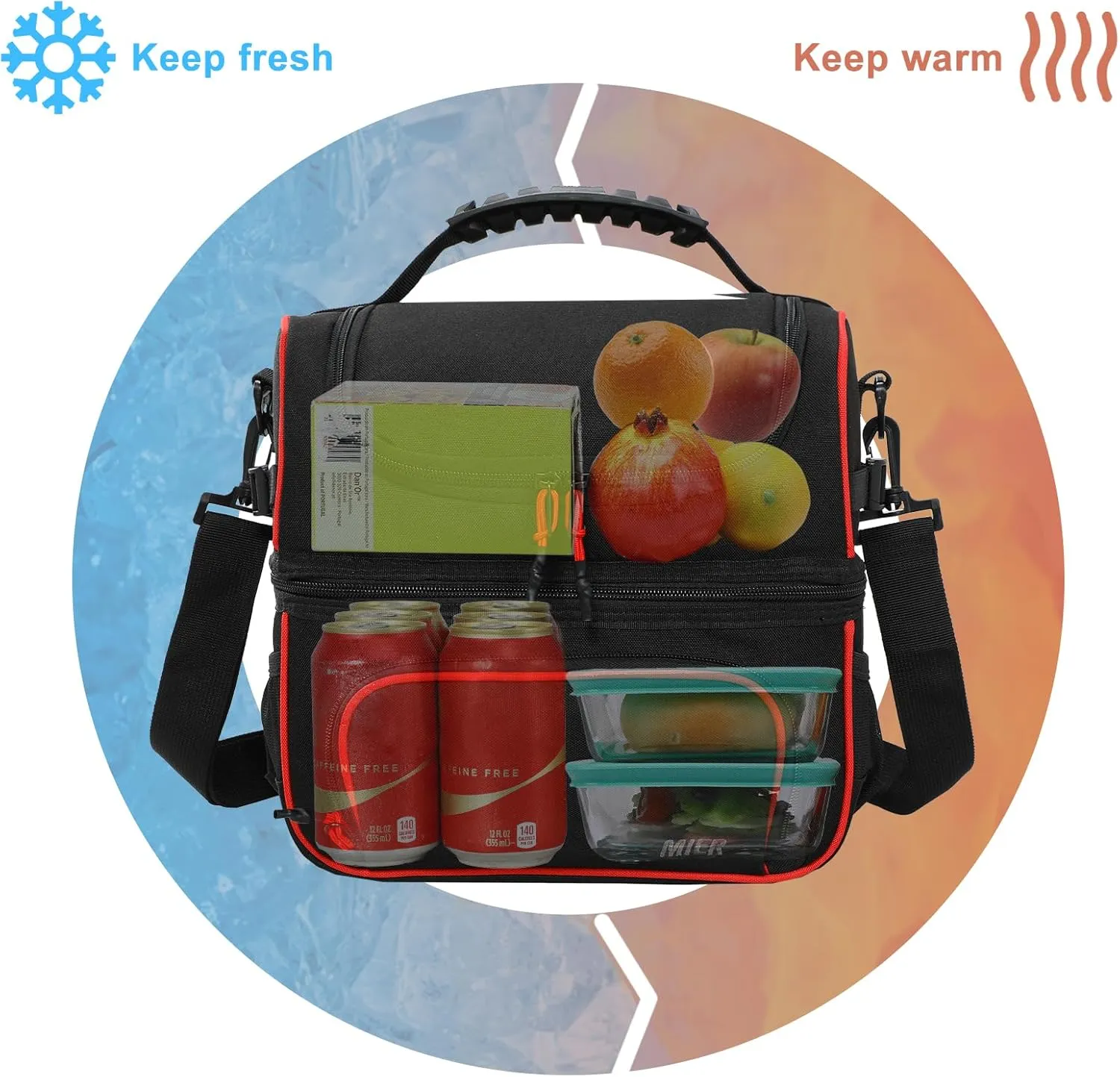 MIER Dual Compartment Lunch Bag Tote with Shoulder Strap for Men and Women Insulated Leakproof Cooler Bag, Black/Red