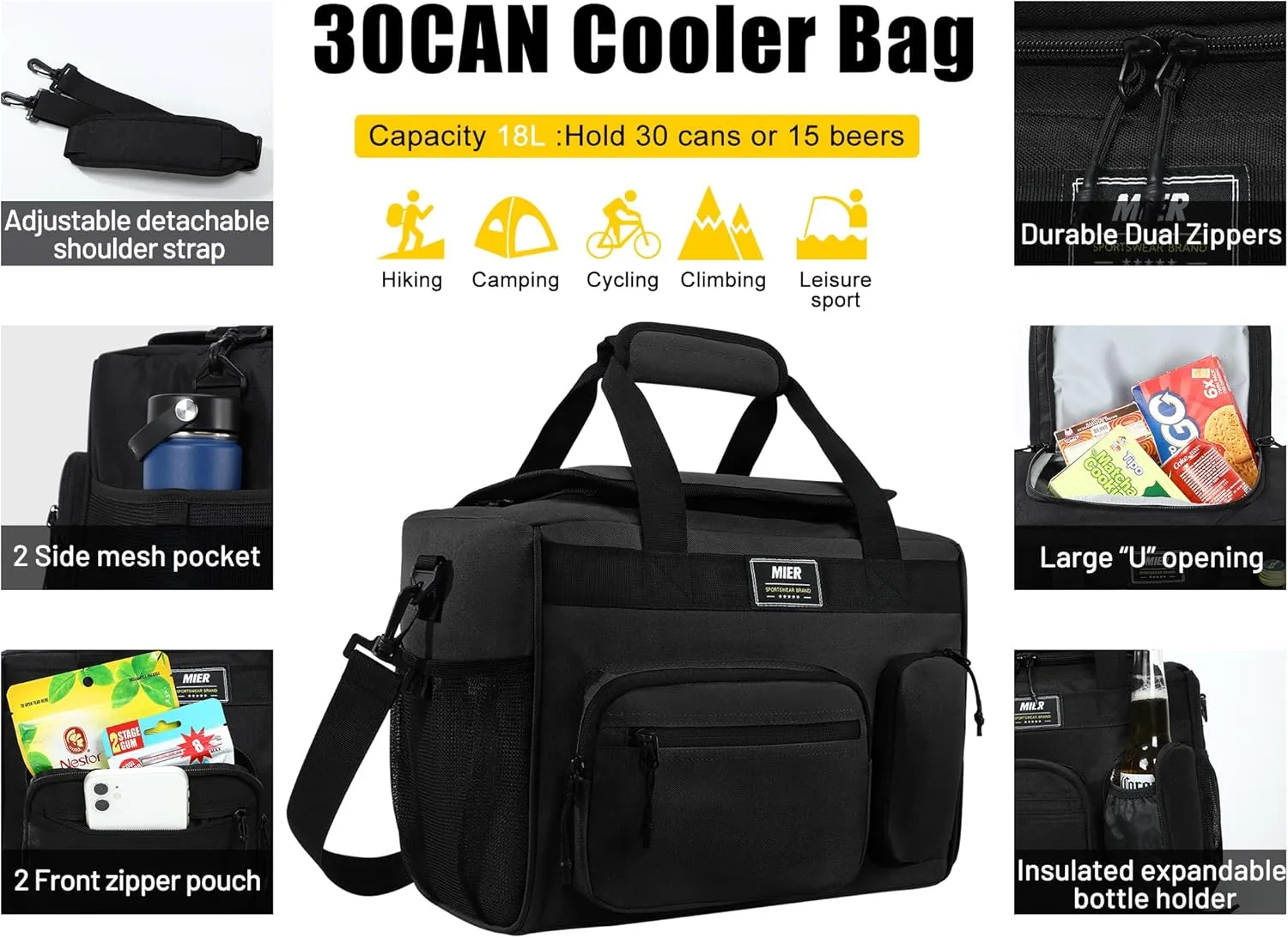 MIER Large Lunch Box for Men Women Adult Insulated Soft Sided Cooler 30 Can Leakproof Lunch Bag Collapsible for Work Travel Camping Beach, 18L (Black-No Luggage Strap)
