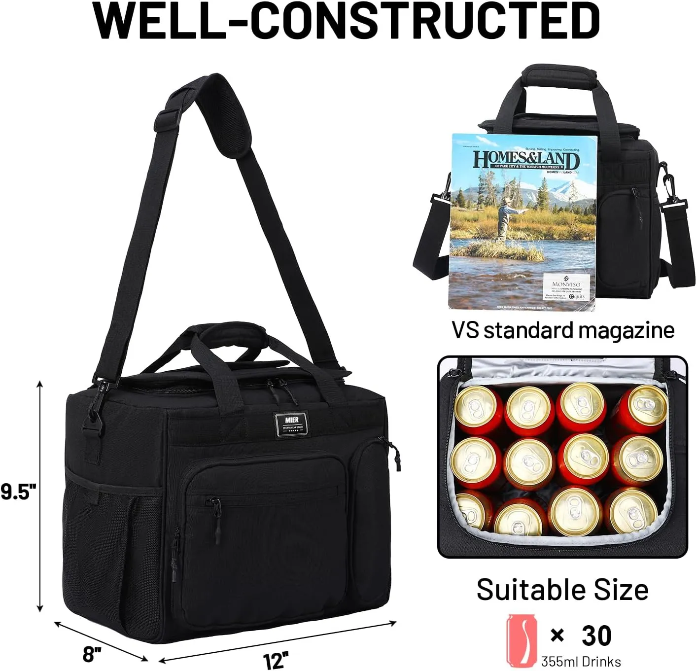 MIER Large Lunch Box for Men Women Adult Insulated Soft Sided Cooler 30 Can Leakproof Lunch Bag Collapsible for Work Travel Camping Beach, 18L (Black-No Luggage Strap)