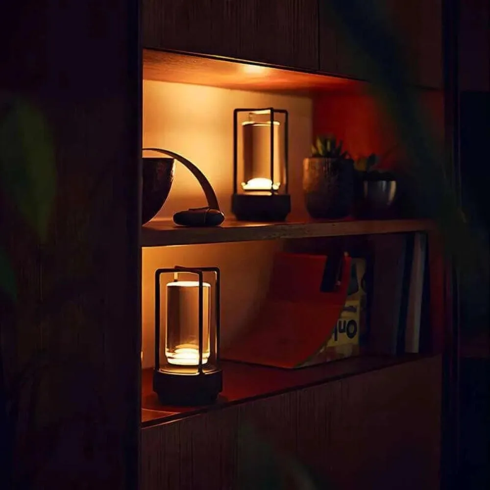Modern Rechargeable LED Lantern with Flame Simulation & Metal Frame