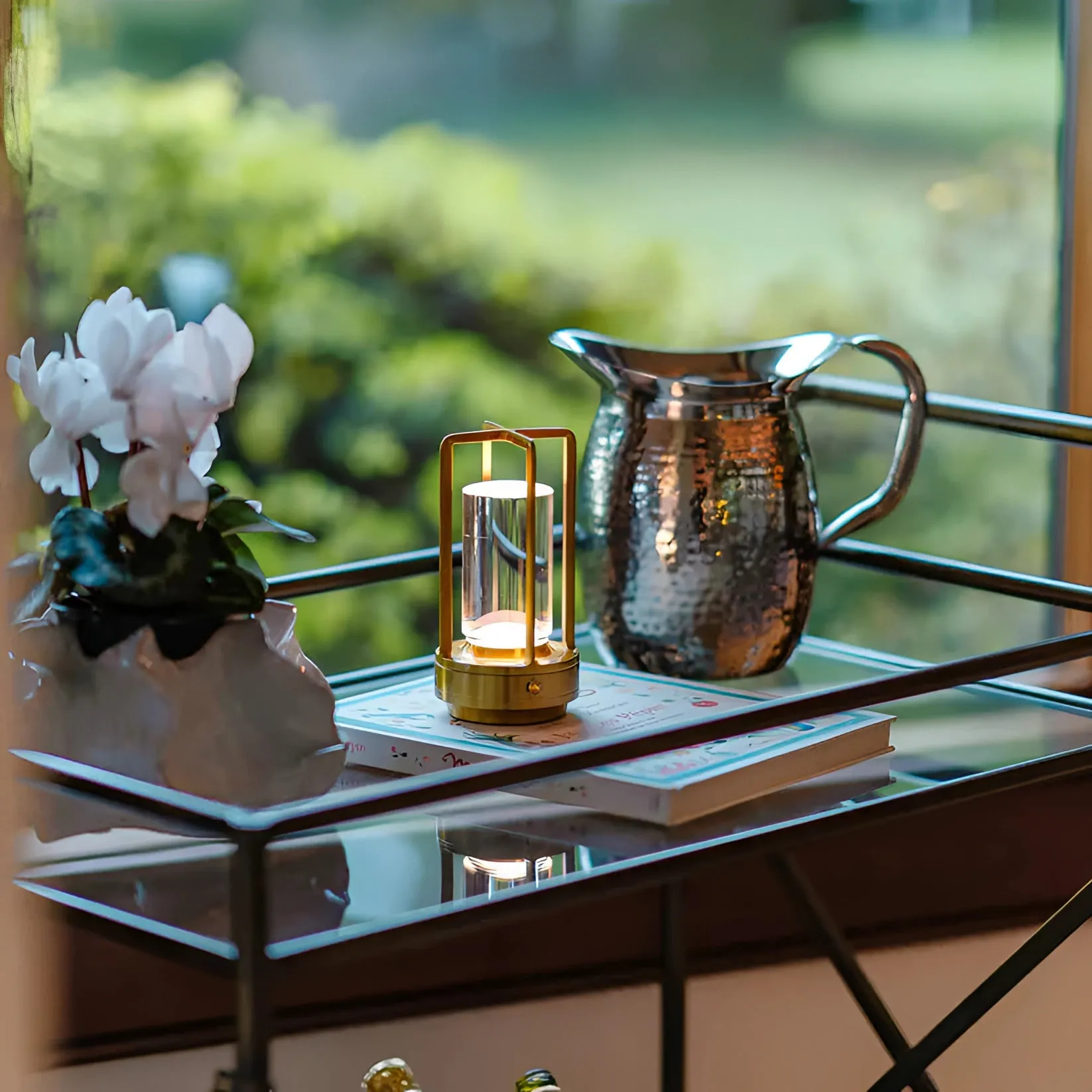 Modern Rechargeable LED Lantern with Flame Simulation & Metal Frame