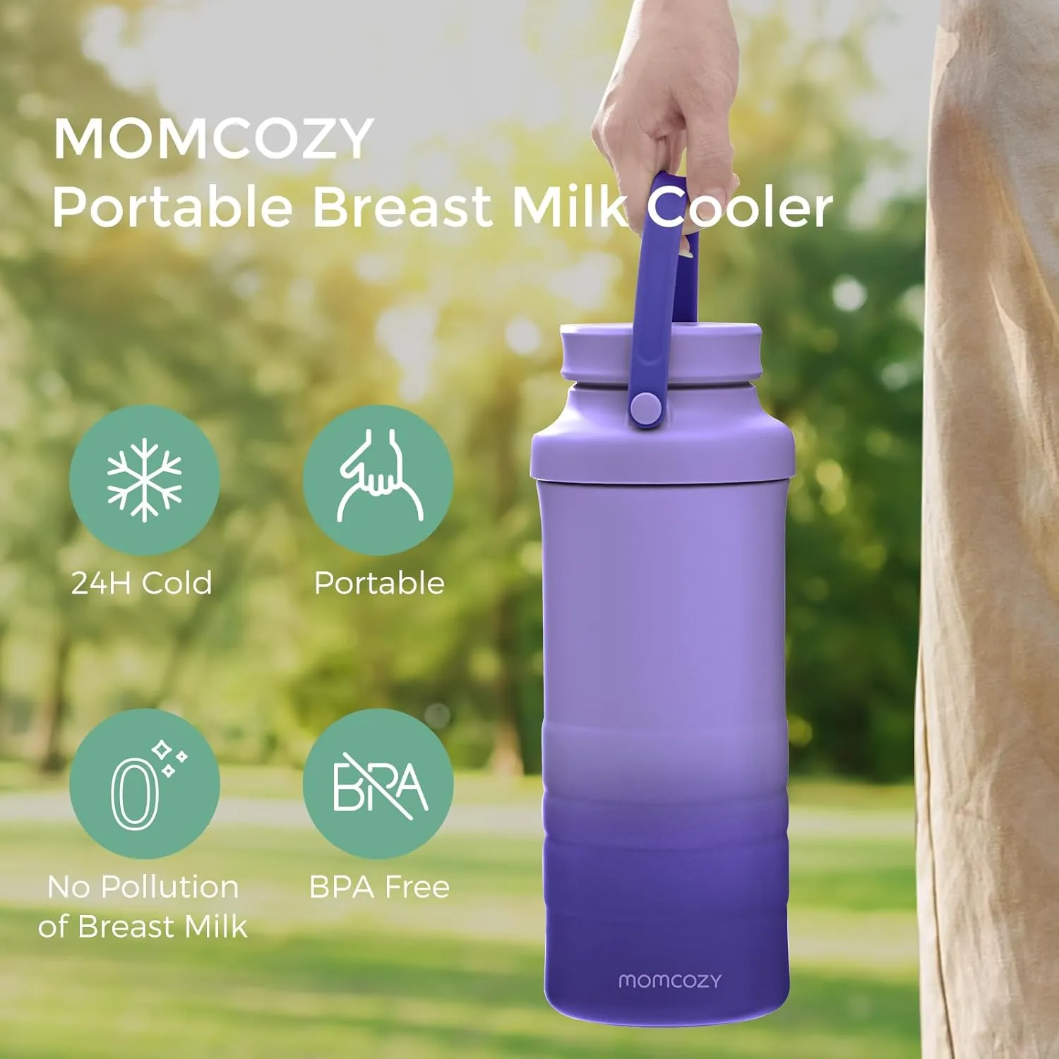Momcozy 22oz Portable Breast Milk Cooler for Outdoor, Life Saver with 360° Total Cooling for 24 Hours, Larger Capacity Travel Breastmilk Chiller with 2pcs Baby Bottles for Breastmilk Storage, Purple