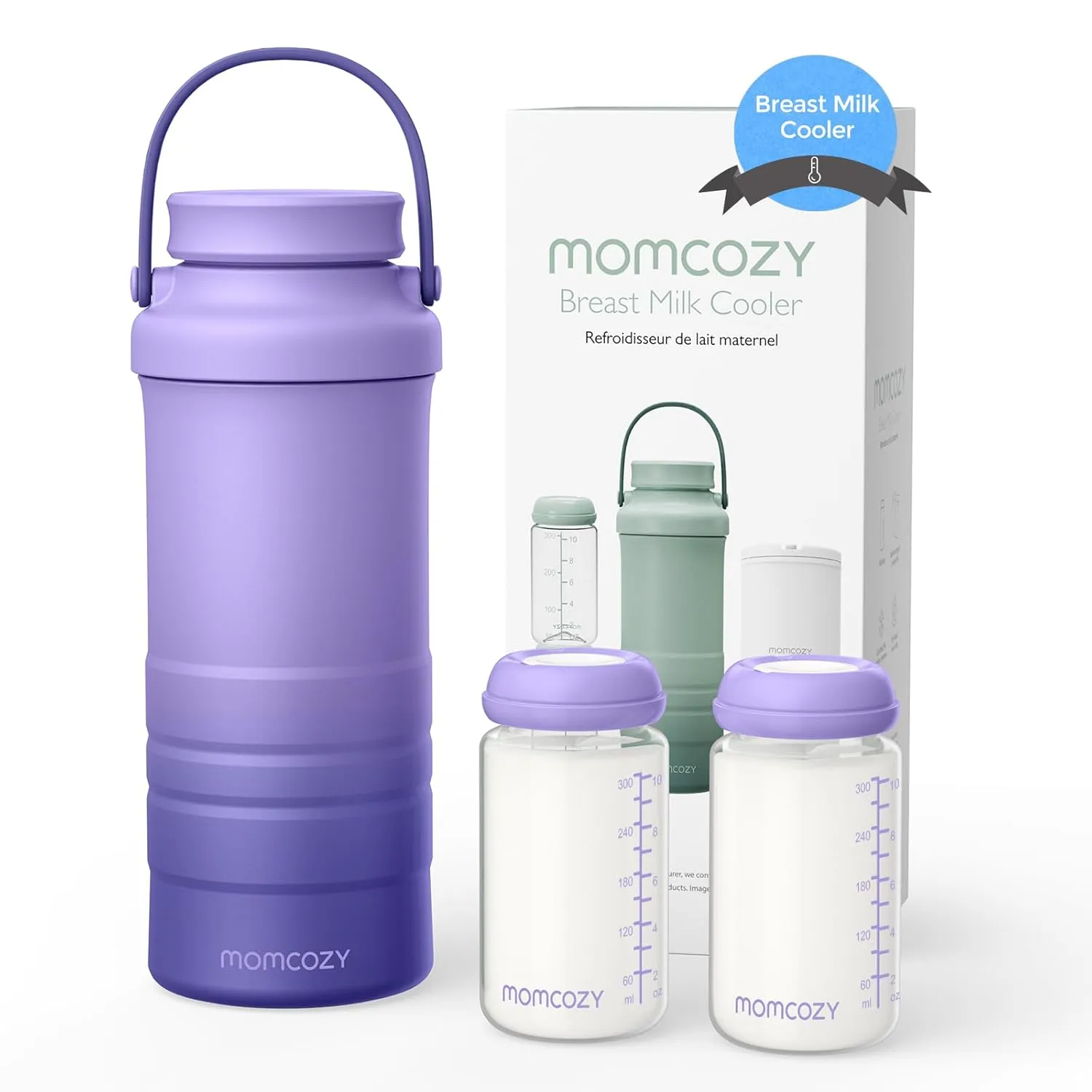 Momcozy 22oz Portable Breast Milk Cooler for Outdoor, Life Saver with 360° Total Cooling for 24 Hours, Larger Capacity Travel Breastmilk Chiller with 2pcs Baby Bottles for Breastmilk Storage, Purple