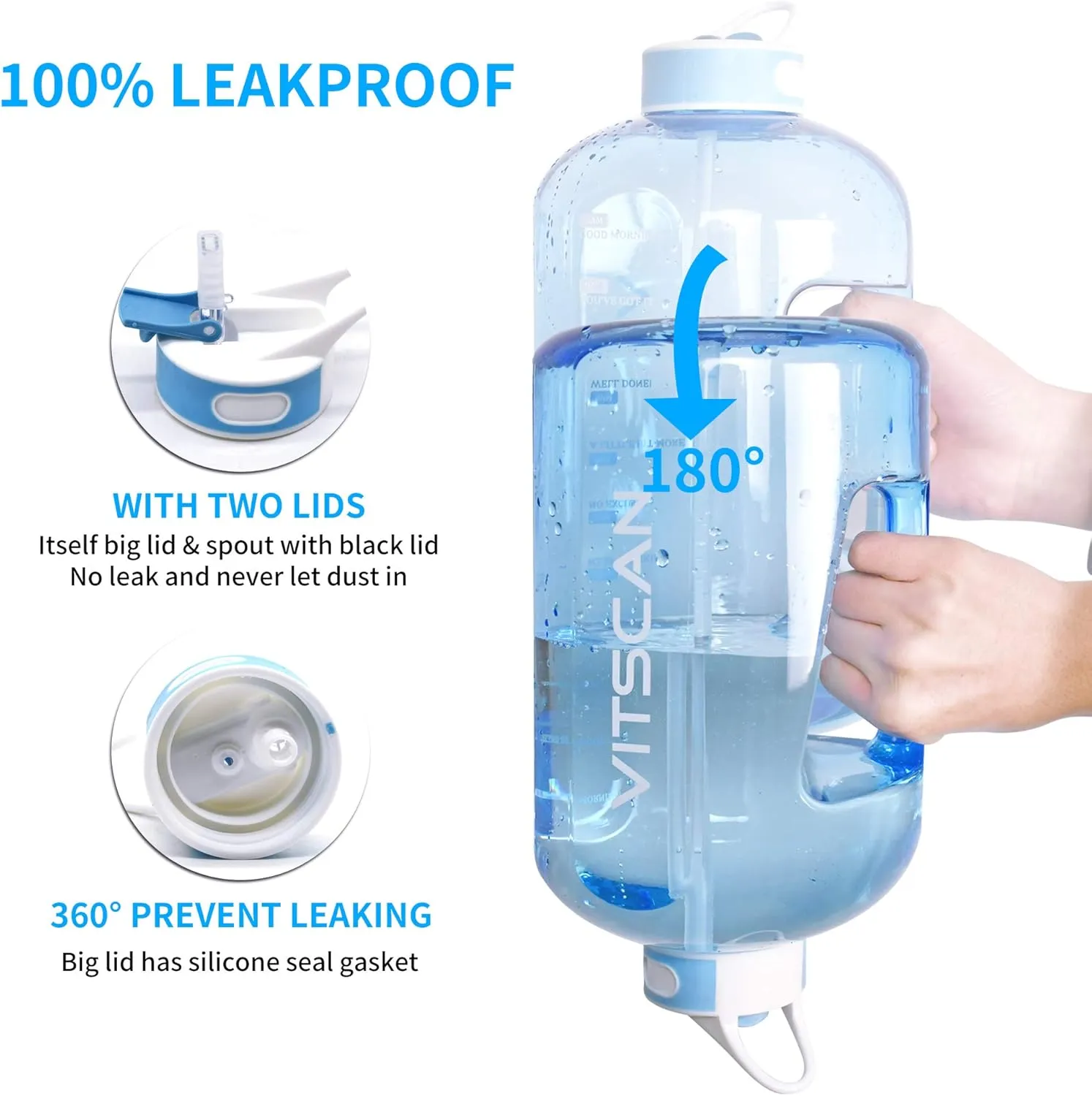 Motivational 1 Gallon Water Bottle with Time Marker, Large Jug for Sports, BPA Free (Blue)