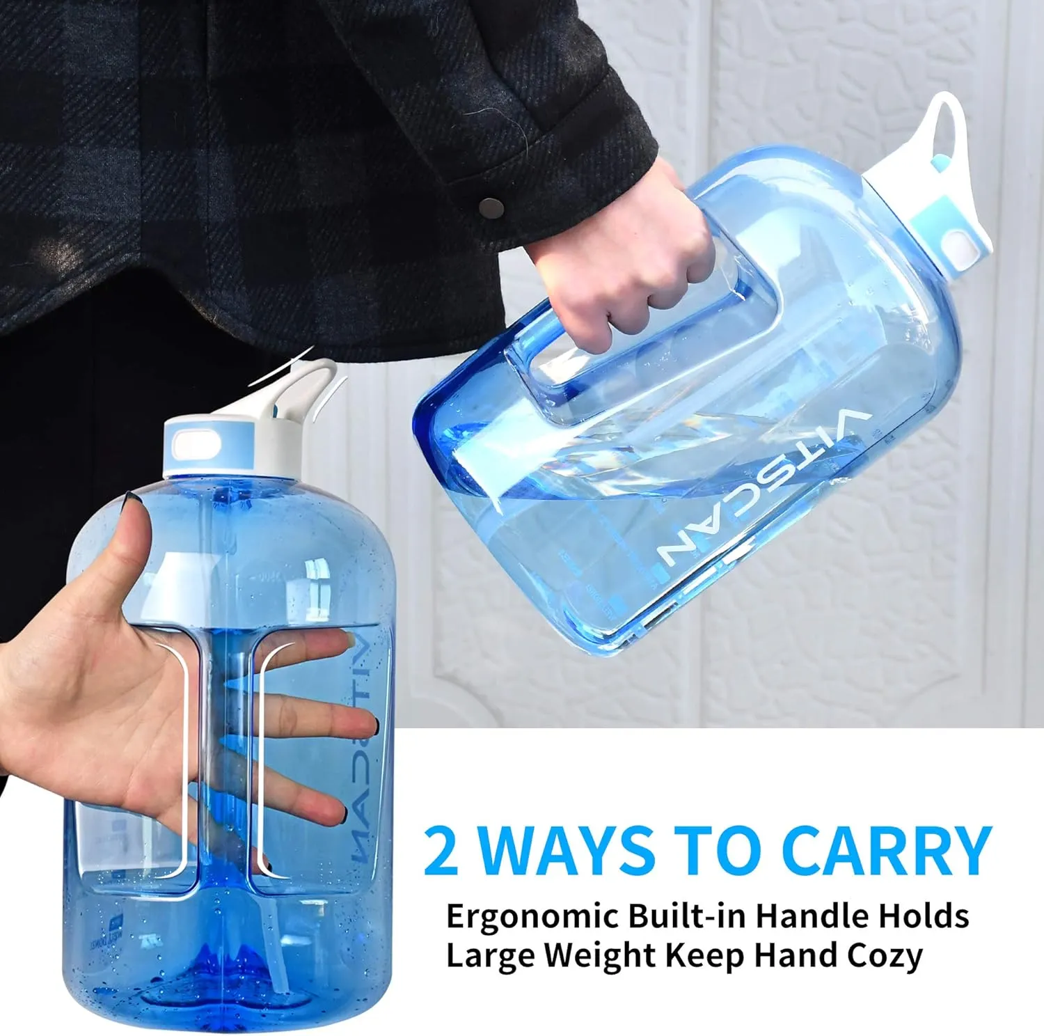 Motivational 1 Gallon Water Bottle with Time Marker, Large Jug for Sports, BPA Free (Blue)