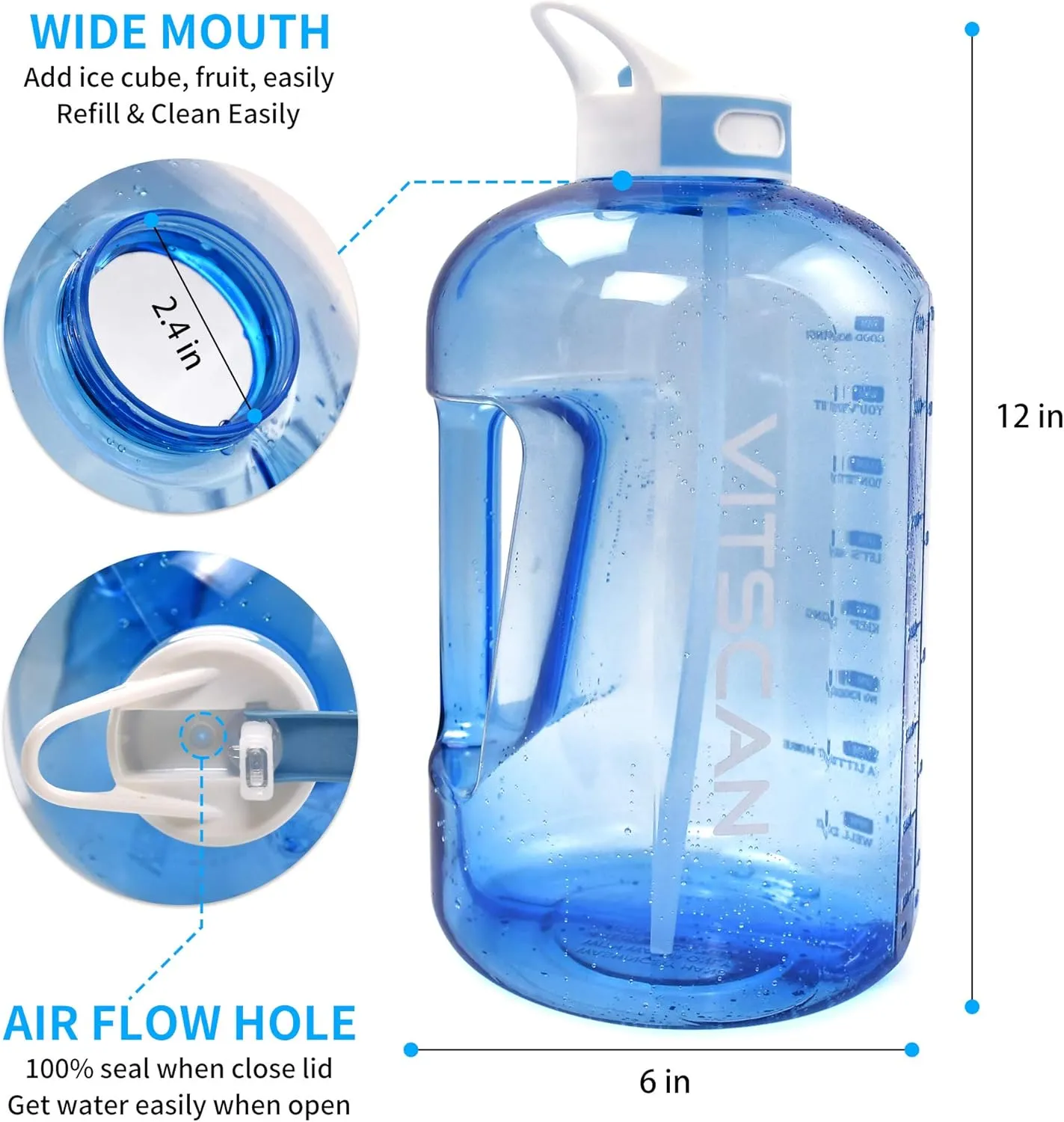 Motivational 1 Gallon Water Bottle with Time Marker, Large Jug for Sports, BPA Free (Blue)