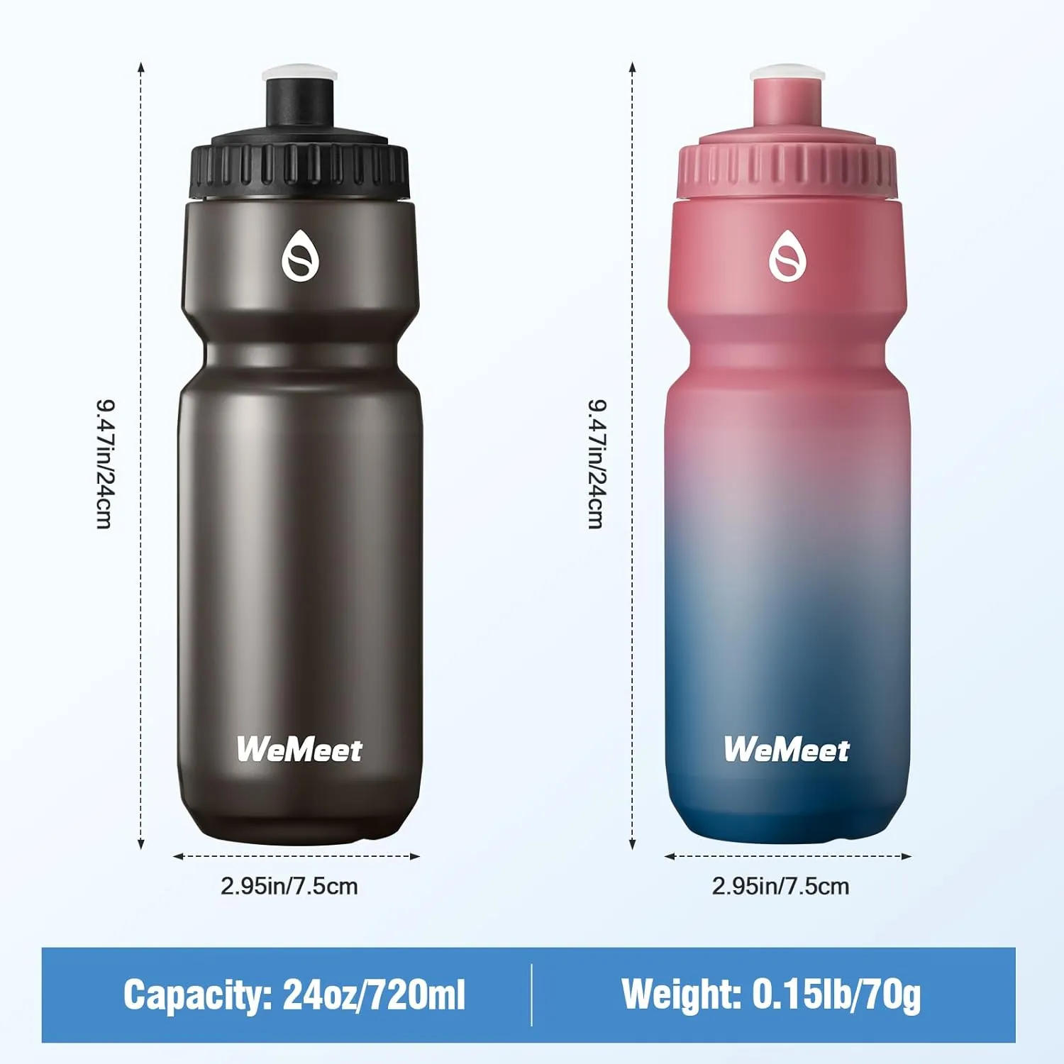 Mountain Bike Water Bottle 2-Pack, Sport Squeeze Bottle with Capacity Scale, LeakProof, BPA Free, for Cycling, Gym, Outdoors (Black & Red Blue, 24oz)