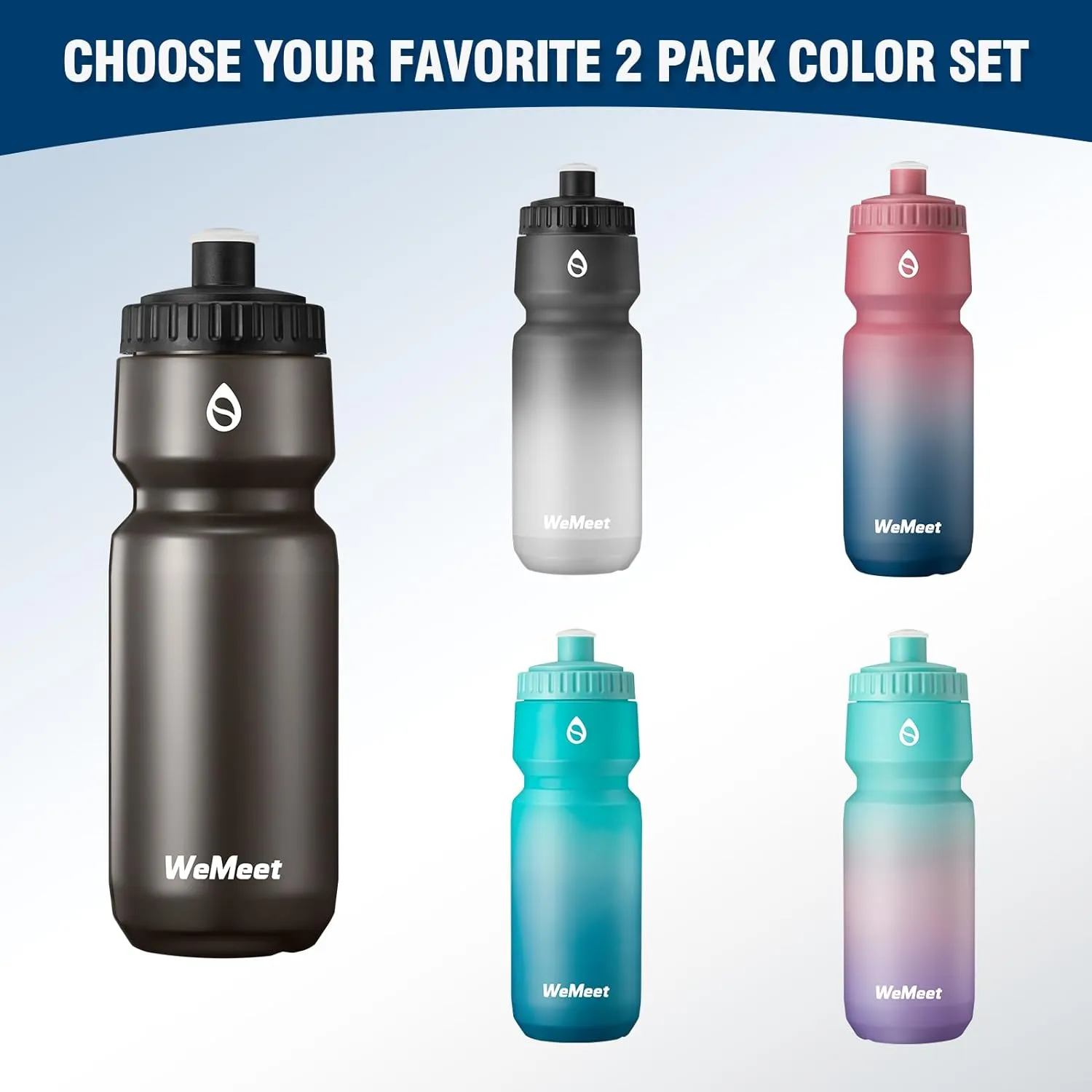 Mountain Bike Water Bottle 2-Pack, Sport Squeeze Bottle with Capacity Scale, LeakProof, BPA Free, for Cycling, Gym, Outdoors (Black & Red Blue, 24oz)