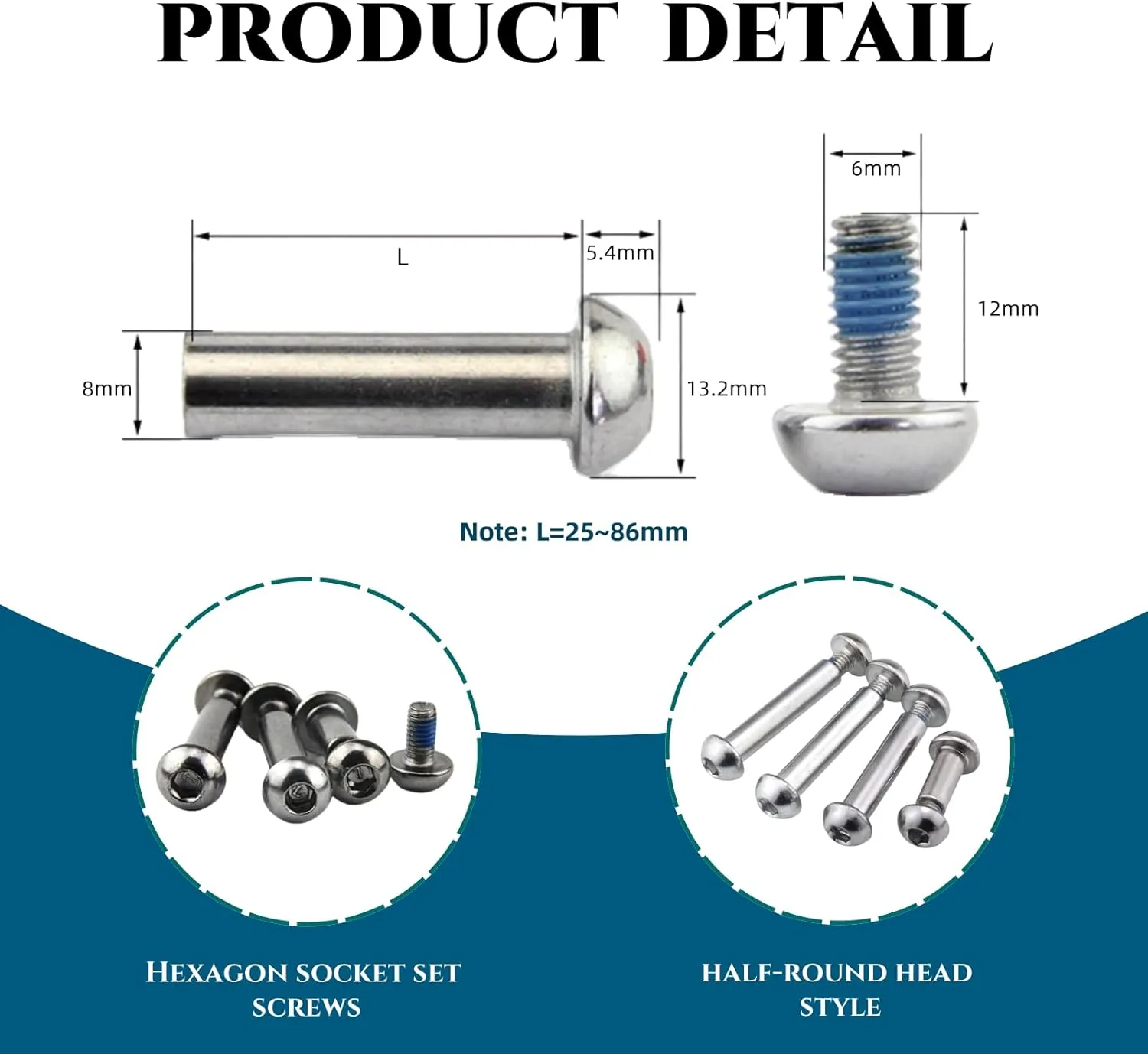 MTB Rear Shock Absorber Screw 25-86mm Full Suspension Mountain Bike Bolts M8 Semi-Round Hexagon Socket Locking Screws 4 Sets(Silver,70MM)