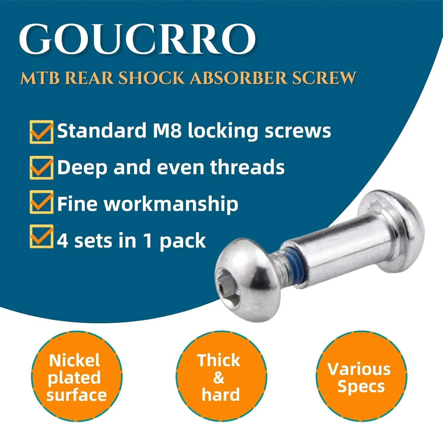 MTB Rear Shock Absorber Screw 25-86mm Full Suspension Mountain Bike Bolts M8 Semi-Round Hexagon Socket Locking Screws 4 Sets(Silver,70MM)