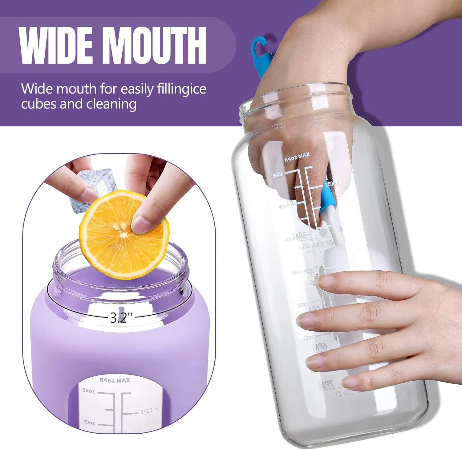 MUKOKO 64oz BPA Free Glass Water Bottle with Straw, Half Gallon, Wide Mouth, Time Marker, Silicone Sleeves, Ideal for Sports, Travel, Running, Camping, Purple