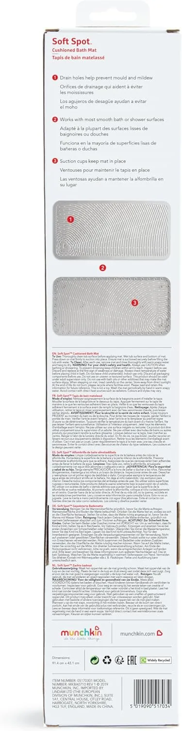 Munchkin Soft Spot Baby Bath Mat for Tub, Cushioned Bathtub Mat for Toddlers and Kids, 36"x17", Grey