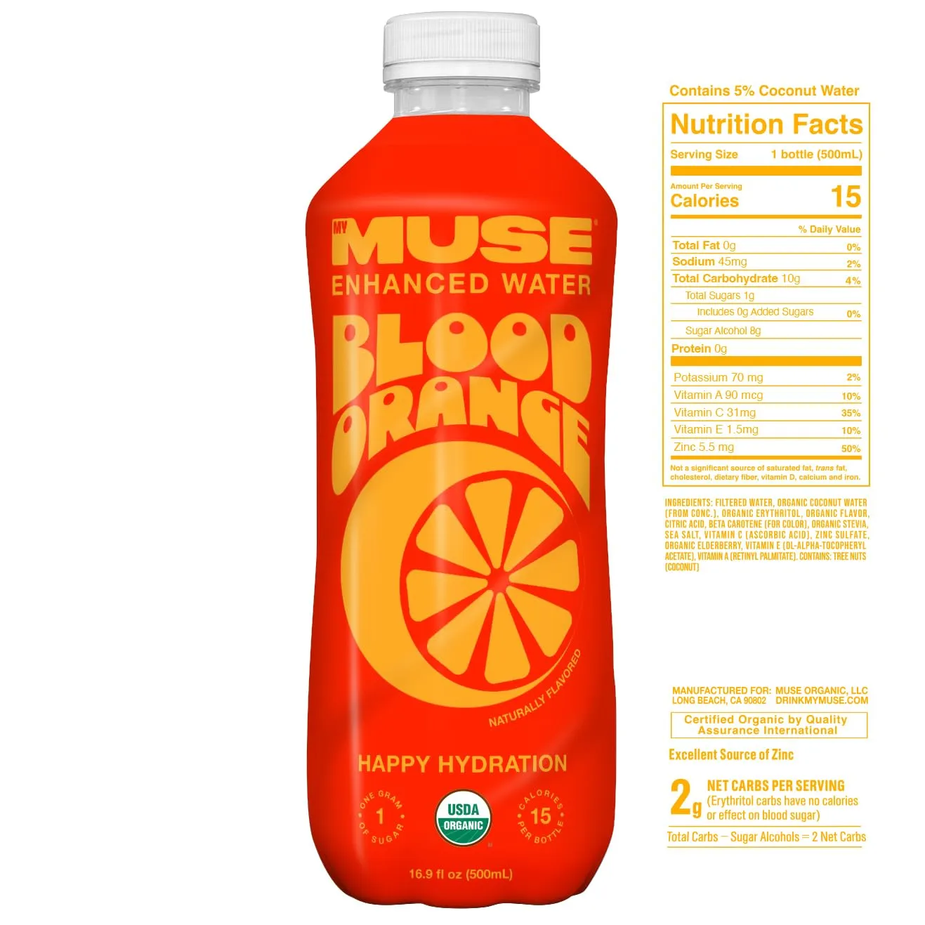 MyMuse Organic Enhanced Flavored Water, Blood Orange, 16.9 Fl Oz Bottle (12 pack), 1G of Sugar, Immune Support with Zinc & Elderberry, Antioxidants Vitamin E, Low Calories, USDA organic