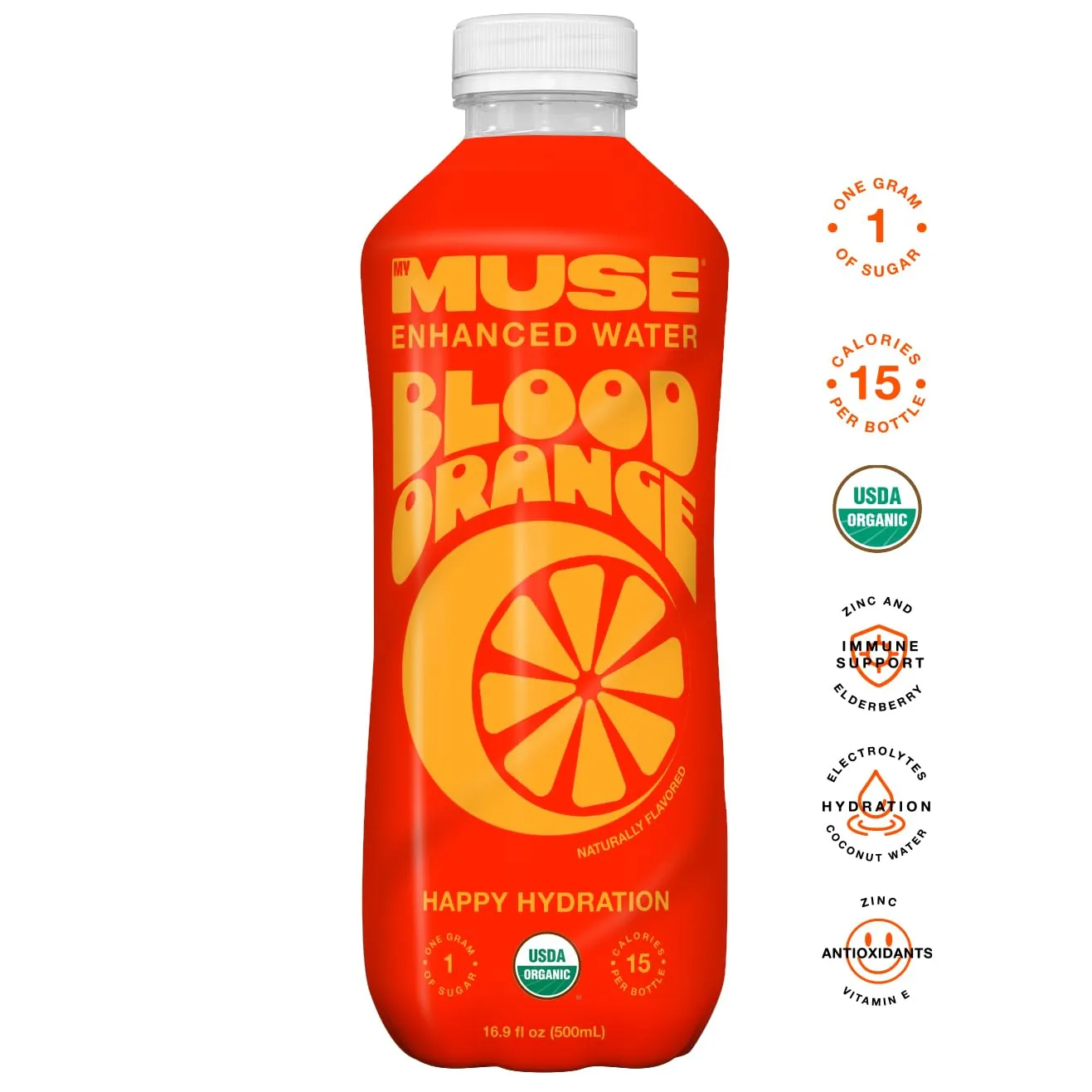 MyMuse Organic Enhanced Flavored Water, Blood Orange, 16.9 Fl Oz Bottle (12 pack), 1G of Sugar, Immune Support with Zinc & Elderberry, Antioxidants Vitamin E, Low Calories, USDA organic