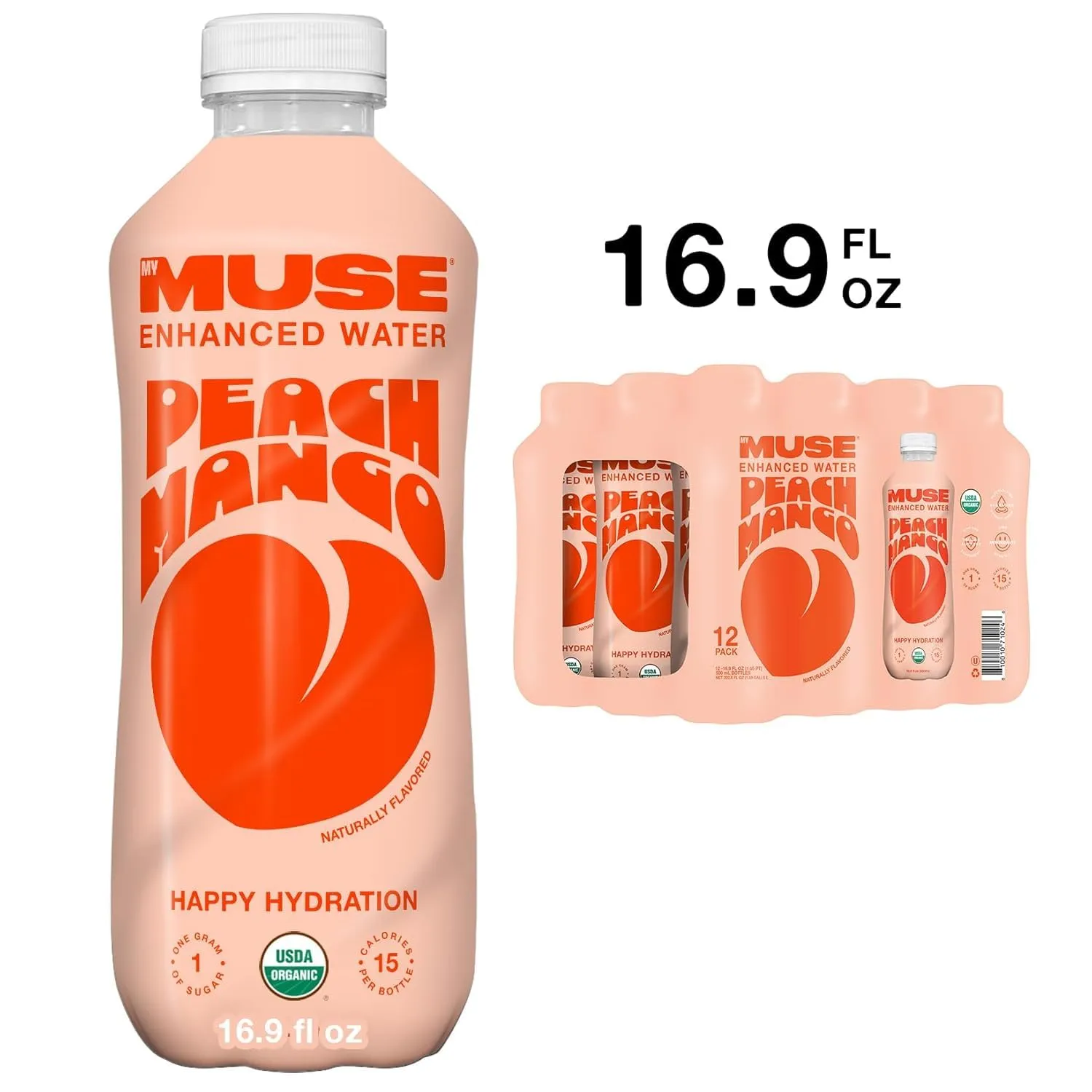 MyMuse Organic Enhanced Flavored Water, Peach Mango, 16.9oz Bottle (12 Pack), Zero Sugar Added, With Zinc, Vitamin A, C & E, Elderberry, Immunity Support, Low Calories, Healthy, Organic, Keto Friendly