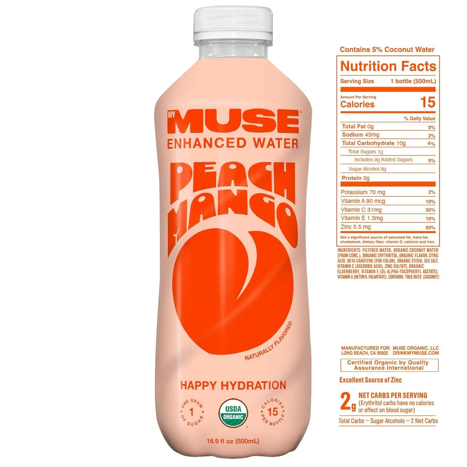 MyMuse Organic Enhanced Flavored Water, Peach Mango, 16.9oz Bottle (12 Pack), Zero Sugar Added, With Zinc, Vitamin A, C & E, Elderberry, Immunity Support, Low Calories, Healthy, Organic, Keto Friendly