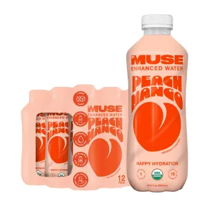 MyMuse Organic Enhanced Flavored Water, Peach Mango, 16.9oz Bottle (12 Pack), Zero Sugar Added, With Zinc, Vitamin A, C & E, Elderberry, Immunity Support, Low Calories, Healthy, Organic, Keto Friendly