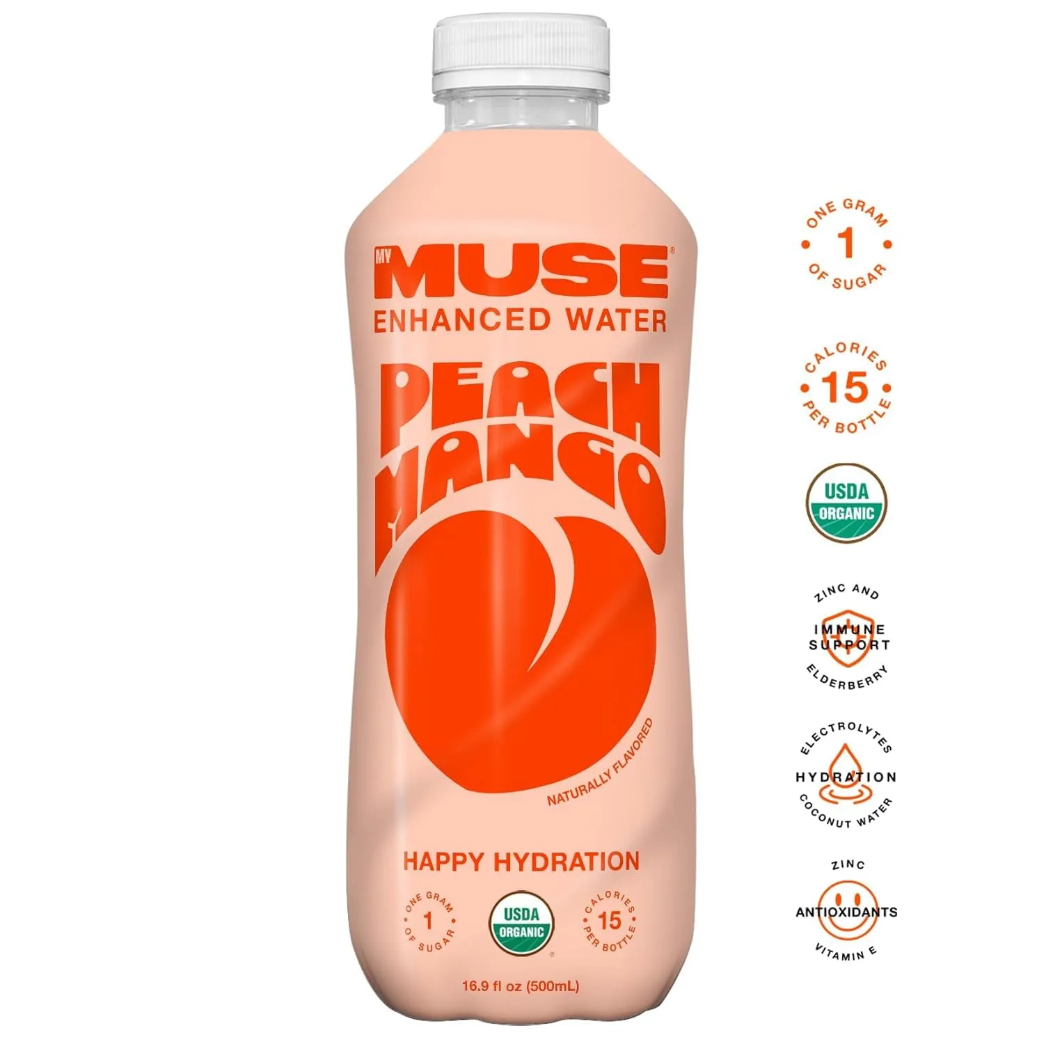 MyMuse Organic Enhanced Flavored Water, Peach Mango, 16.9oz Bottle (12 Pack), Zero Sugar Added, With Zinc, Vitamin A, C & E, Elderberry, Immunity Support, Low Calories, Healthy, Organic, Keto Friendly
