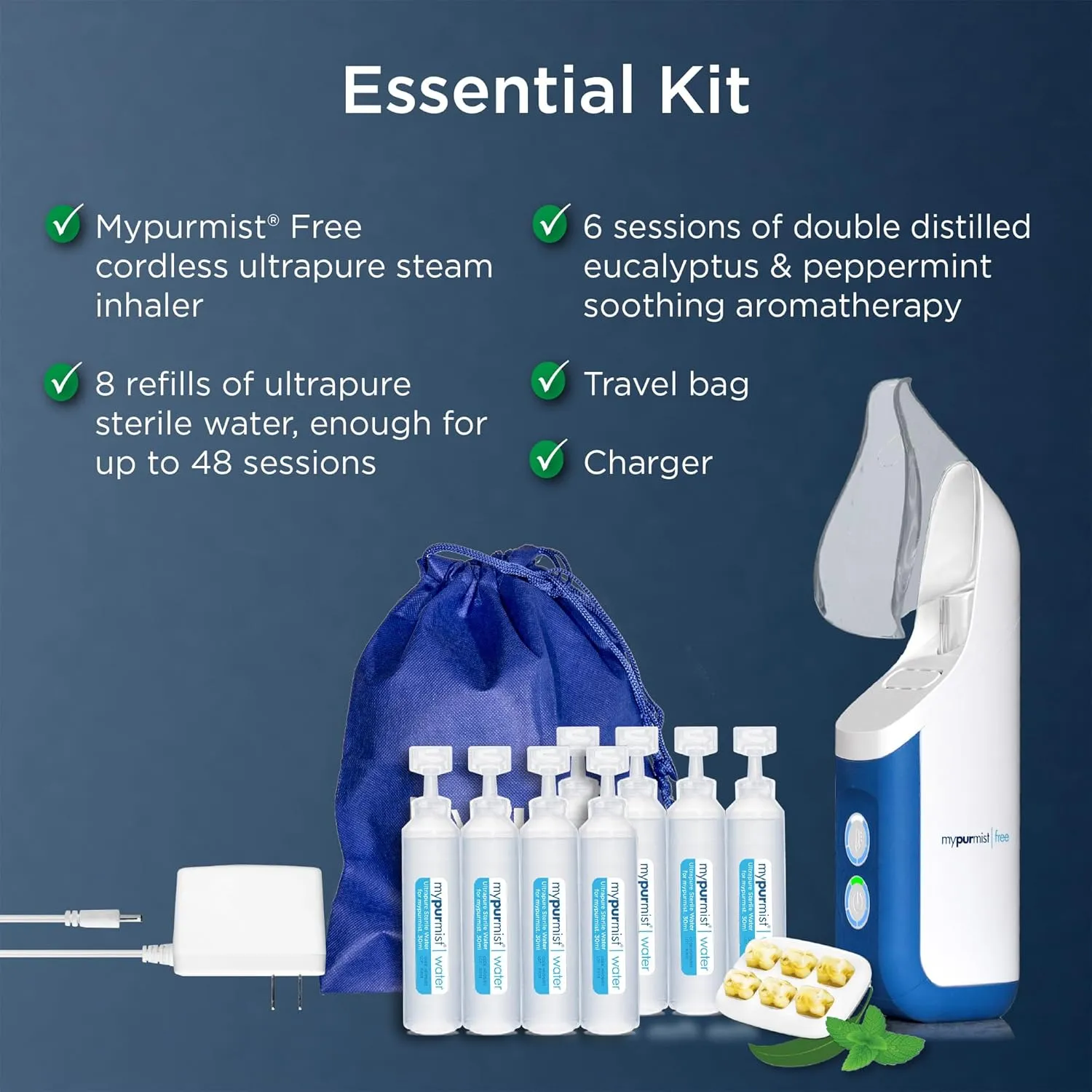 Mypurmist Cordless Ultrapure Steam Inhaler - Handheld Steamer, Vaporizer & Humidifier for Sinus Relief, Nasal Congestion, Cold & Cough, & Vocal Care for Singers (Base Kit)