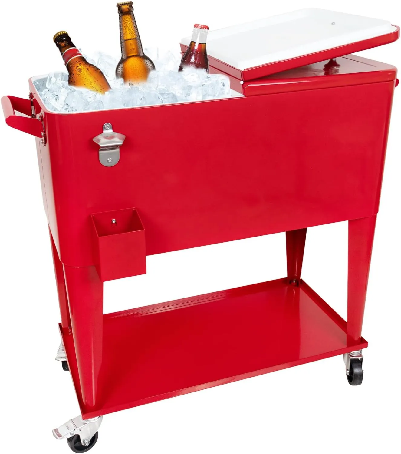 Nattork 80 Quart Rolling Cooler Cart, Ice Chest with Wheels for Outdoor Patio Deck Party, Portable Outdoor Backyard Cooler Party Drink Beverage Bar with Shelf, Bottle Opener