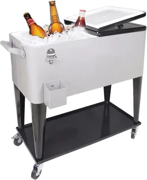 Nattork 80 Quart Rolling Cooler Cart, Ice Chest with Wheels for Outdoor Patio Deck Party, Portable Outdoor Backyard Cooler Party Drink Beverage Bar with Shelf, Bottle Opener