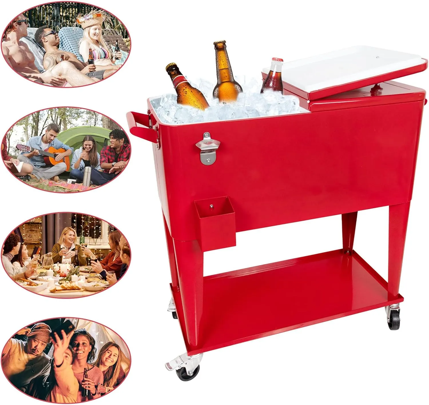Nattork 80 Quart Rolling Cooler Cart, Ice Chest with Wheels for Outdoor Patio Deck Party, Portable Outdoor Backyard Cooler Party Drink Beverage Bar with Shelf, Bottle Opener