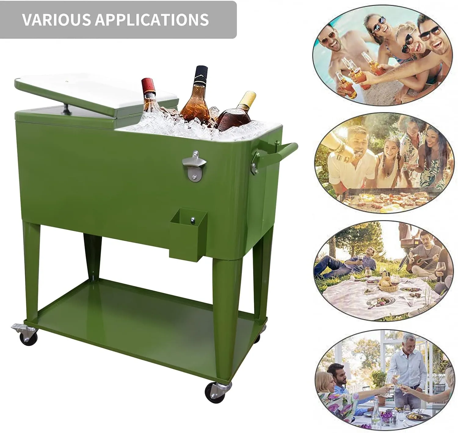 Nattork Portable Rolling Cooler Cart 80 Quart Cooler cart, Ice Chest Cart Trolley Rolling Cart Cooler with Wheels Outdoor Beverage Cooler for Patio Ice Chest with Shelf, Water Pipe and Bottle Opener