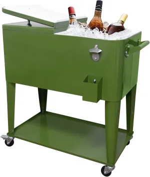 Nattork Portable Rolling Cooler Cart 80 Quart Cooler cart, Ice Chest Cart Trolley Rolling Cart Cooler with Wheels Outdoor Beverage Cooler for Patio Ice Chest with Shelf, Water Pipe and Bottle Opener