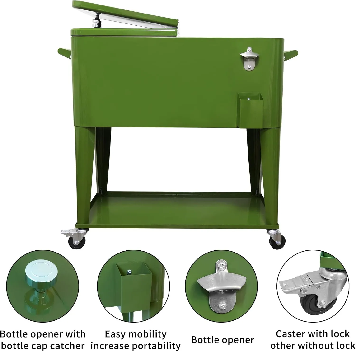 Nattork Portable Rolling Cooler Cart 80 Quart Cooler cart, Ice Chest Cart Trolley Rolling Cart Cooler with Wheels Outdoor Beverage Cooler for Patio Ice Chest with Shelf, Water Pipe and Bottle Opener