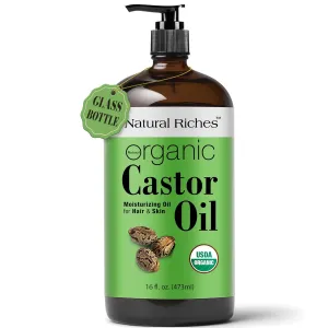 Natural Riches Organic Castor Oil Glass Bottle - USDA Certified, 100% Pure, Unrefined & Cold Pressed – Soothes Dry Skin, Scalp - For Hair Growth & Thicker Eyelashes, Eyebrows – 16 fl oz