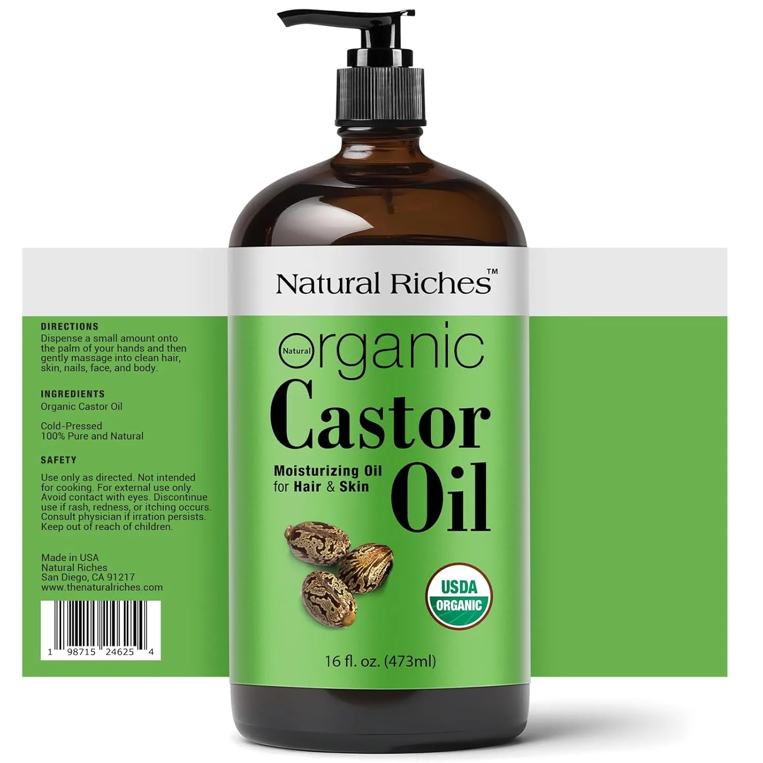 Natural Riches Organic Castor Oil Glass Bottle - USDA Certified, 100% Pure, Unrefined & Cold Pressed – Soothes Dry Skin, Scalp - For Hair Growth & Thicker Eyelashes, Eyebrows – 16 fl oz