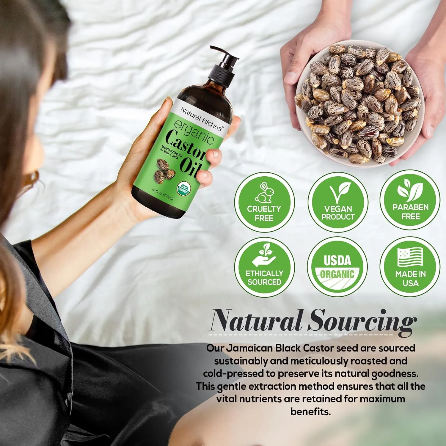 Natural Riches Organic Castor Oil Glass Bottle - USDA Certified, 100% Pure, Unrefined & Cold Pressed – Soothes Dry Skin, Scalp - For Hair Growth & Thicker Eyelashes, Eyebrows – 16 fl oz