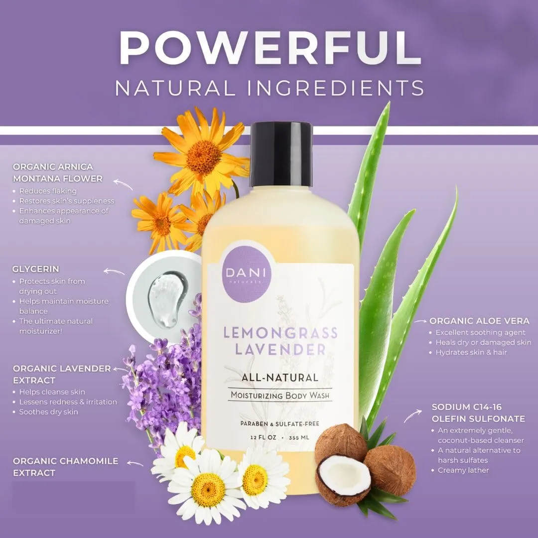 Naturals Moisturizing Body Wash - Calming Lemongrass Lavender Scent with Organic Aloe Vera & Natural Glycerin - Paraben, Sulfate, & Phthalate-Free Shower Gel - 12 oz Bottle, Vegan & Cruelty-Free